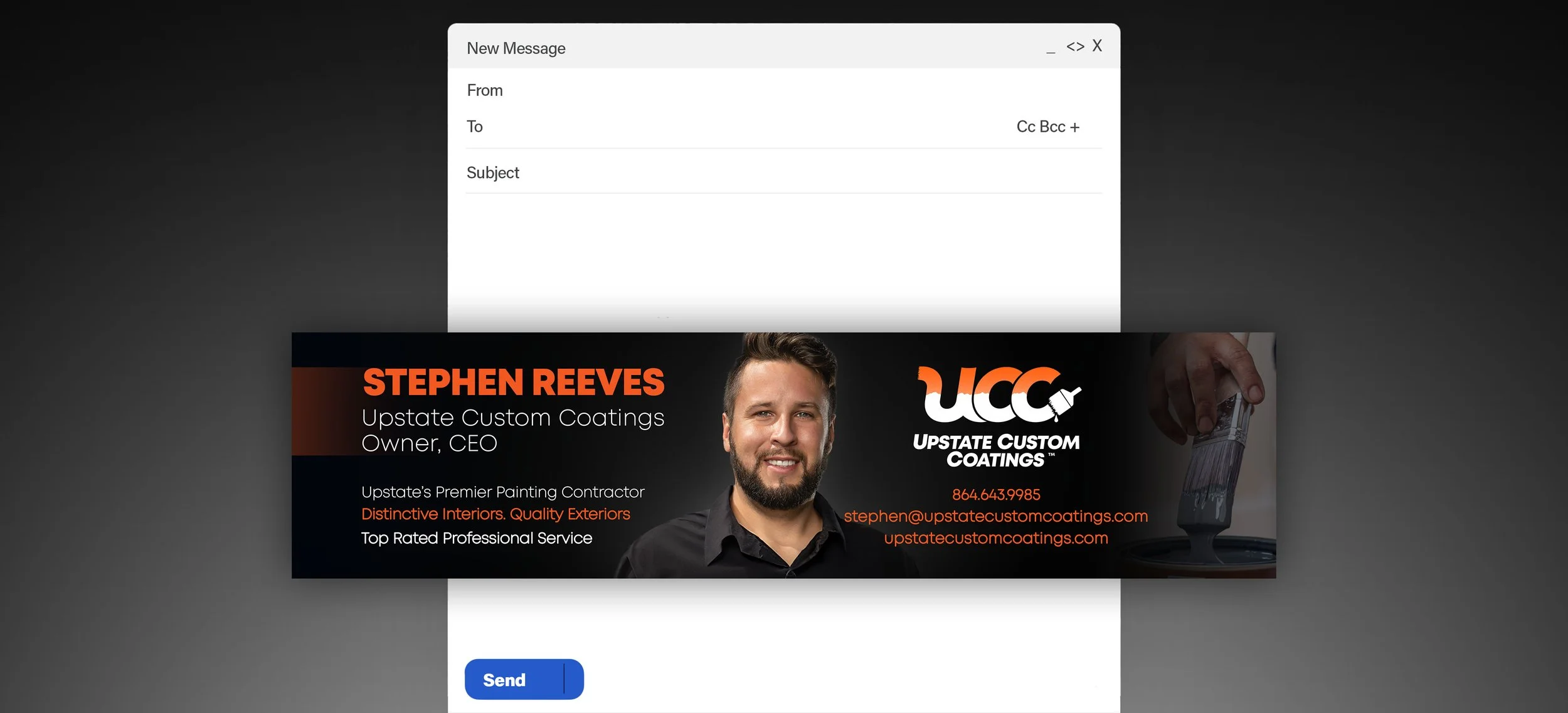 Business card for Stephen Reeves, Upstate Custom Coatings, with company logo, contact information, and a photo of Stephen Reeves.