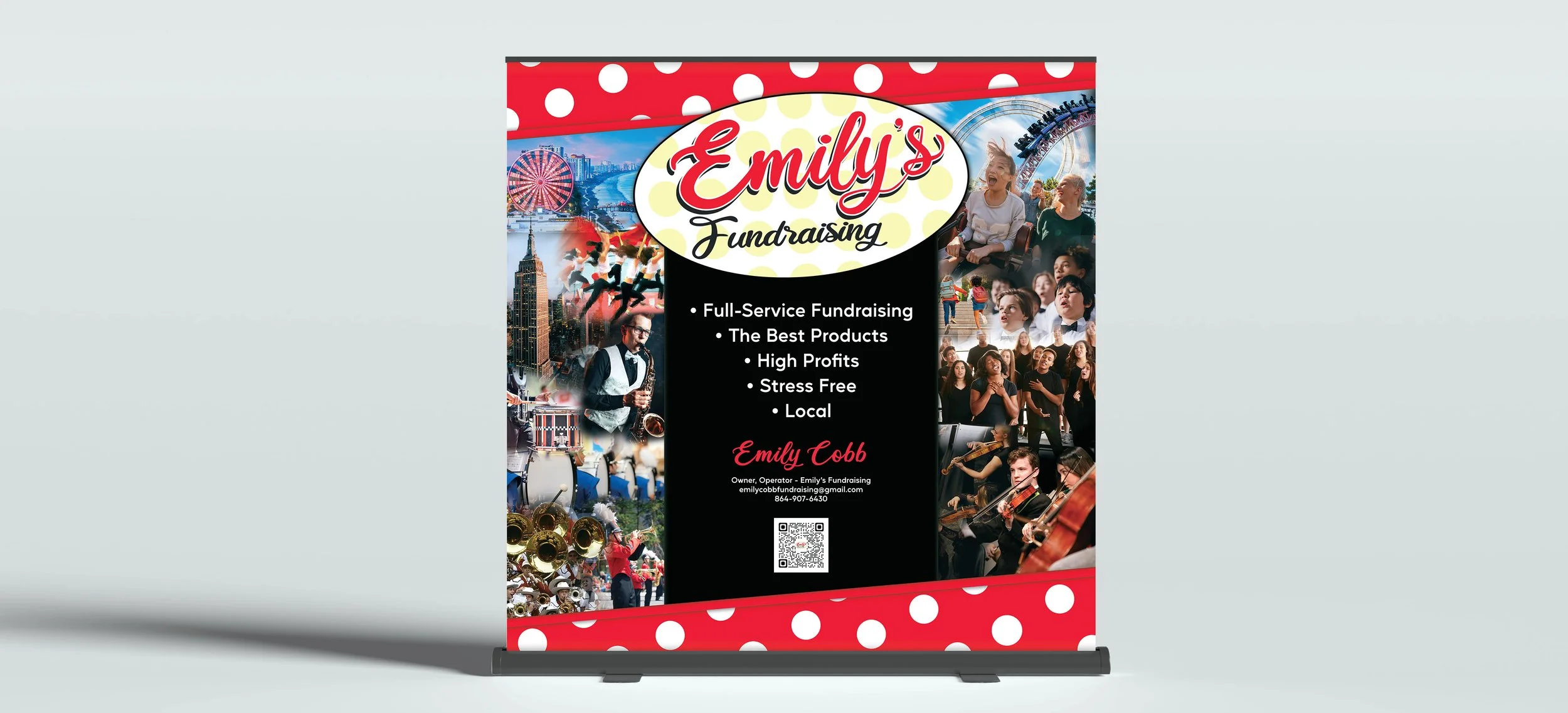 Banner for Emily's Fundraising with images of a Ferris wheel, New York City skyline, people at an amusement park, a woman playing a saxophone, children singing, and an orchestra, with red and white polka dot borders.