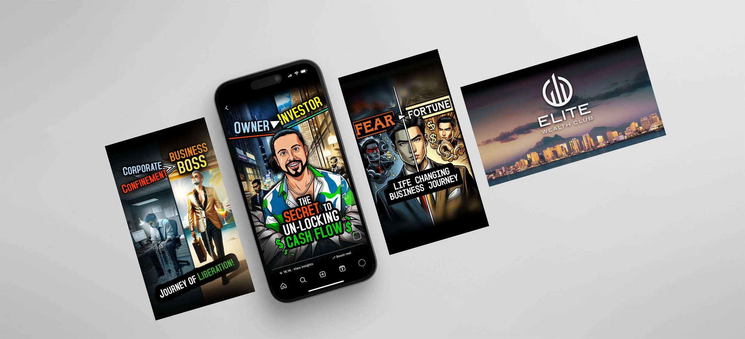 A smartphone displaying a digital illustration of a man with the text "The secret to unlocking cash flow." Surrounding the phone are four panels with business and wealth themes, including phrases like "Corporate business boss," "Fear and fortune," an