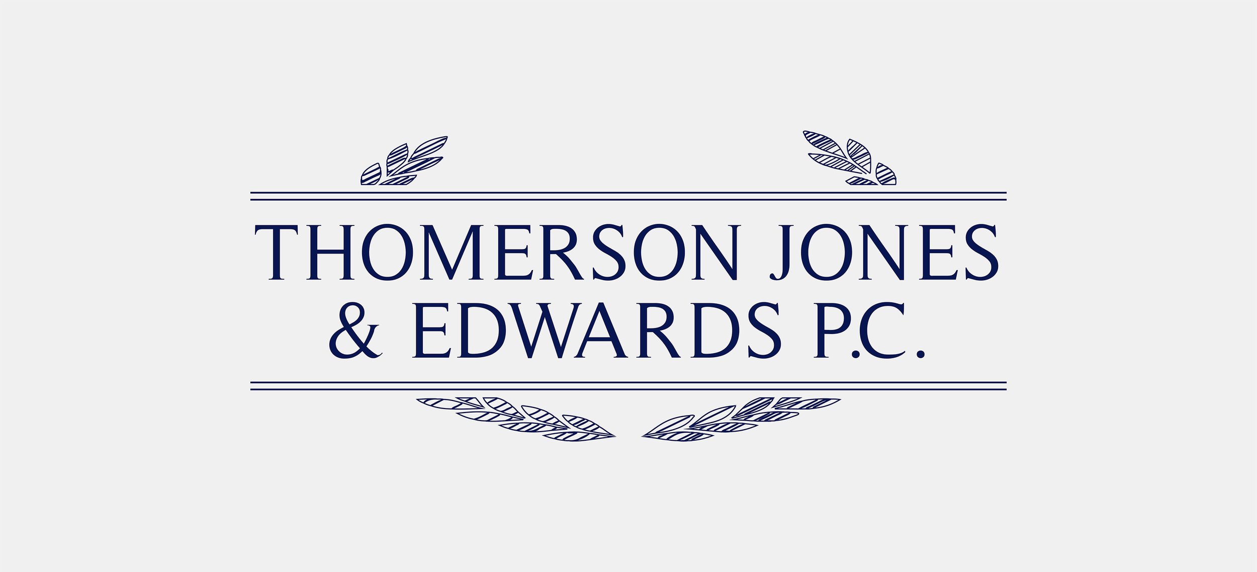 Logo for Thomerson Jones & Edwards P.C., featuring navy text and decorative leaves on a light gray background.