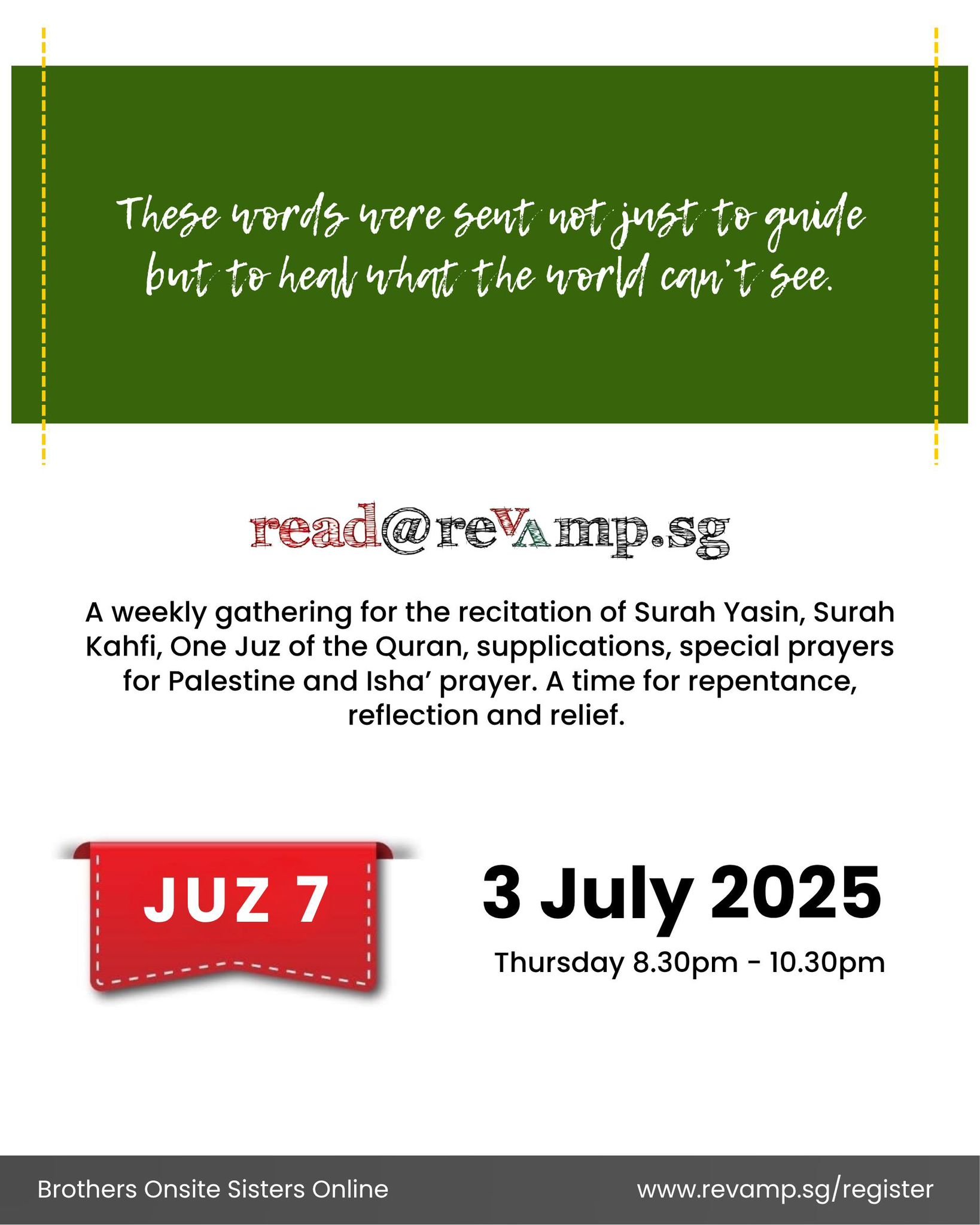 Tahlil &amp; Du&lsquo;a for Divine Protection
Thursday 3 July 2025 
After Maghrib at Revamp

Tahlil dedicated especially to Almarhum Mas Muhardi, and for all our beloveds who have returned to Allah. Followed by du&lsquo;a seeking Divine protection an
