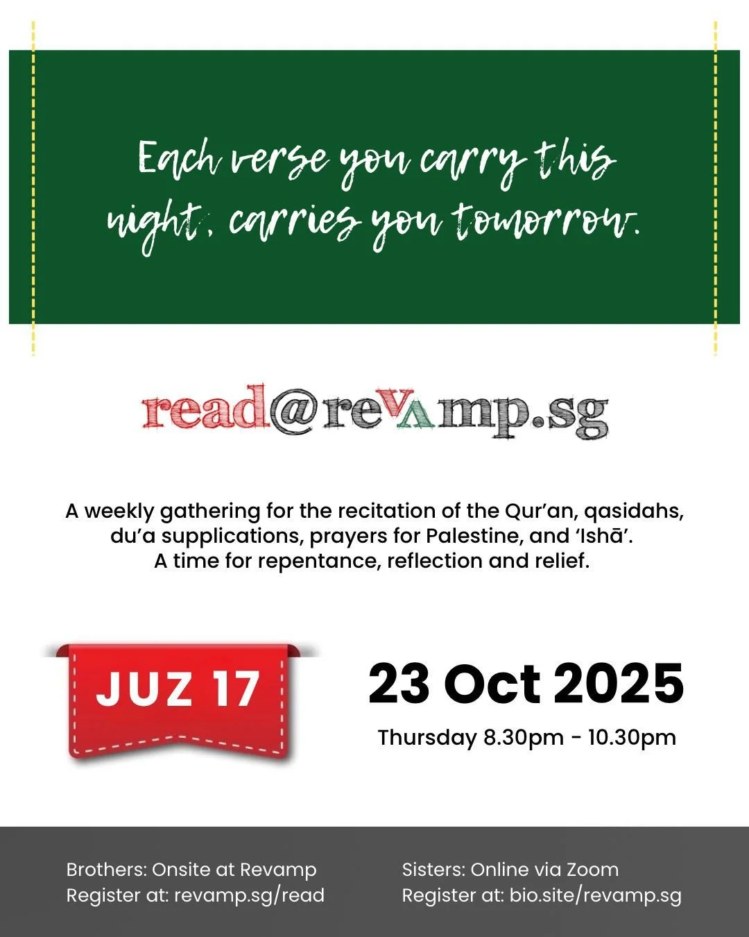Think long term. Think lasting term.
Your verses are your currency.
Every letter is worth ten.

Register at revamp.sg/register