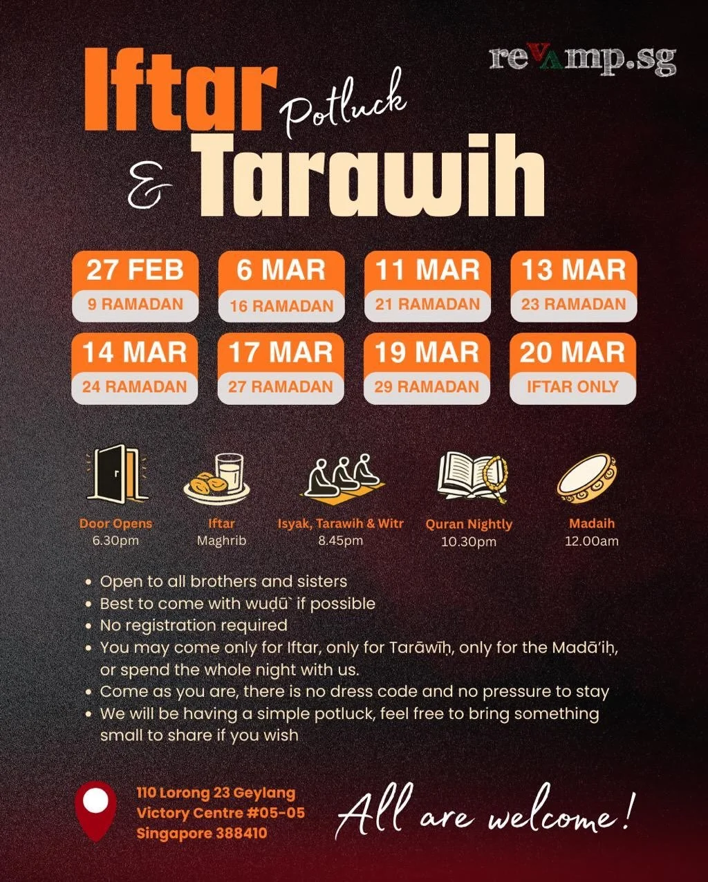 Iftar. Tarawih. Quran. Madaih. 🌙

There&rsquo;s a certain kind of peace that only happens during the nights of Ramadan. We&rsquo;re hosting 8 sessions of Iftar &amp; Tarawih starting 27 Feb.

Come through for Maghrib, stay for Isyak &amp; Tarawih at