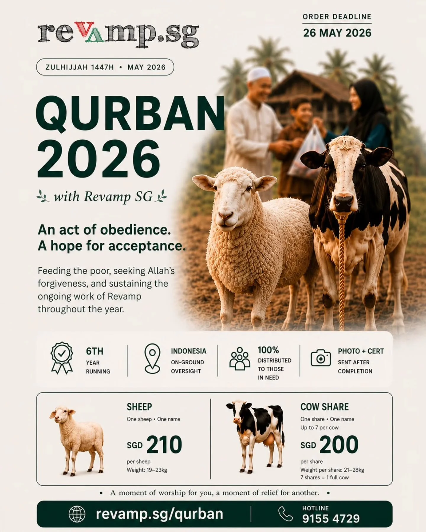 *Qurban 2026 with Revamp*

Salam brothers and sisters.

Alḥamdulillāh, Revamp&rsquo;s Qurban 2026 registrations are now open.

For many of us not among the pilgrims answering the call to Hajj this year, qurban becomes our humble way of sharing in the