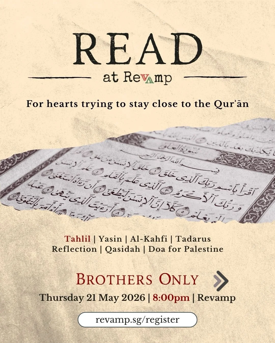 A small update for our weekly READ nights.

We will now begin earlier at 8:00pm, inshāAllāh, as we will be including Tahlil together alongside our usual recitations, reflections, Qasidah, and reminders.

In a time where hearts are constantly distract