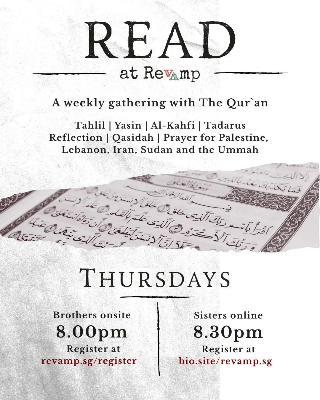 Our weekly dose of peace and tranquility, visited by angelic guests and being mentioned by our Creator, name by name.. join us for these sacred and blessed moments?

Brothers: revamp.sg/register
Sisters: bio.site/revamp.sg

#revampsg
#quran 
#tadarus