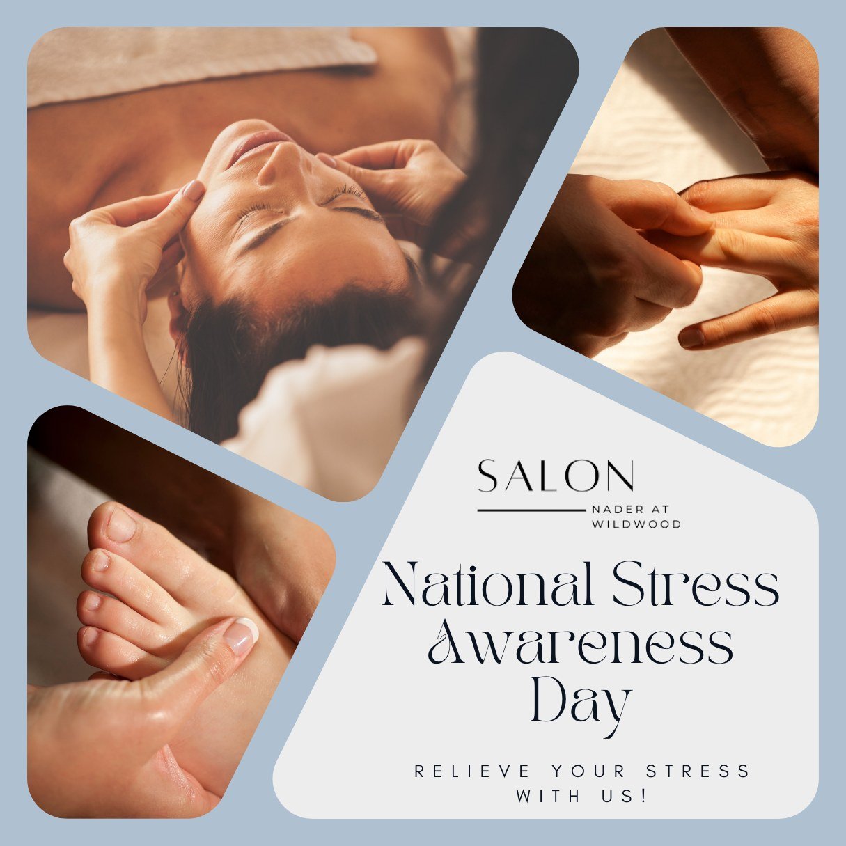 It's National Stress Awareness Day! Lower your stress levels with one of our several relaxing services! Call today for your appointment!

#salonnaderatwildwood #salonnader #bethesdahairsalon #spring #facials #facialskincare #spa #manicures #pedicure?