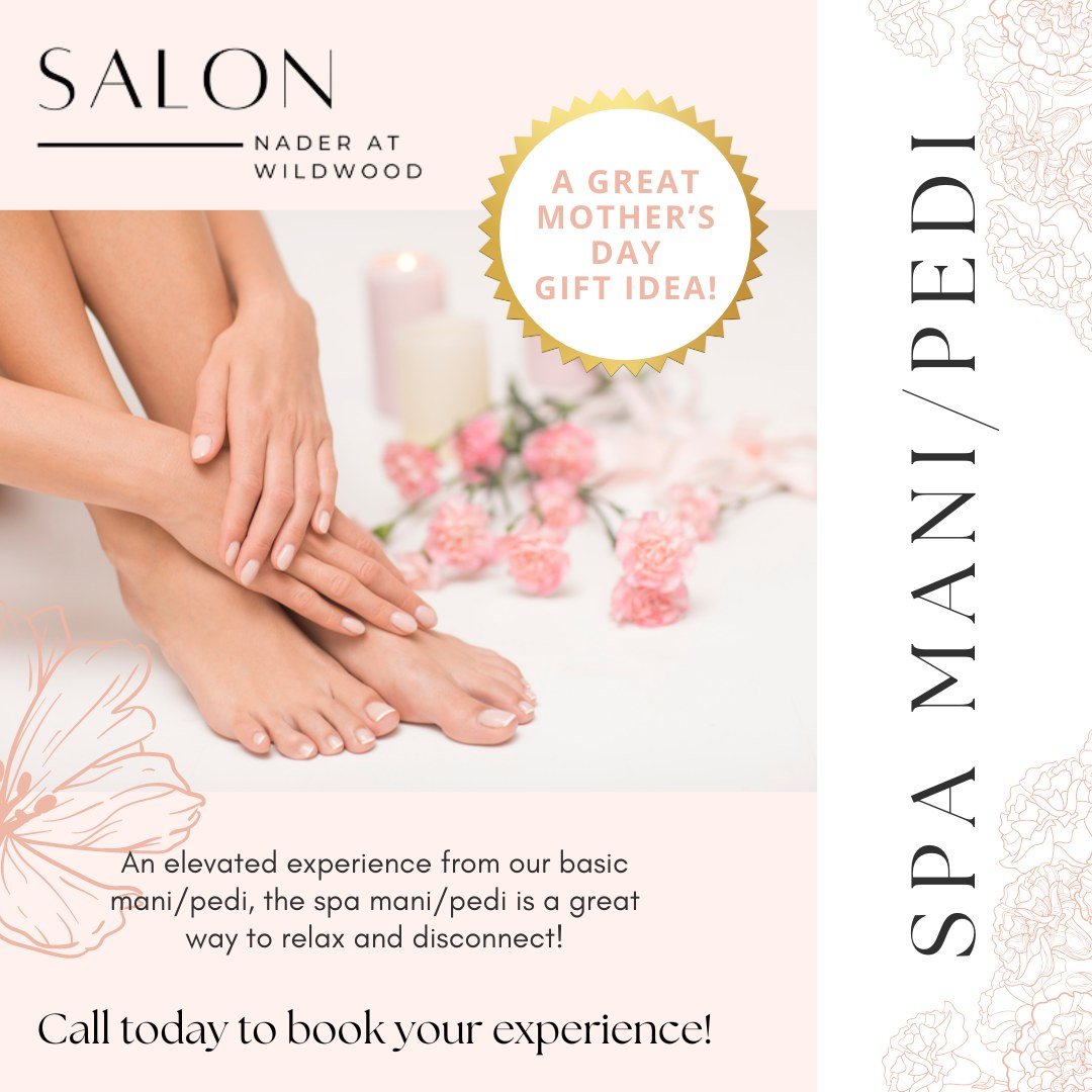 Have you tried our Spa Mani/Pedi? Book your experience today! (Also a great gift idea for mom!)

#salonnaderbethesda #salonnaderwildwood #salonnaderdc #bethesdahairsalon #bethesdaspa #spamanipedi #treatyoself #Mothersday2024 #mothersday