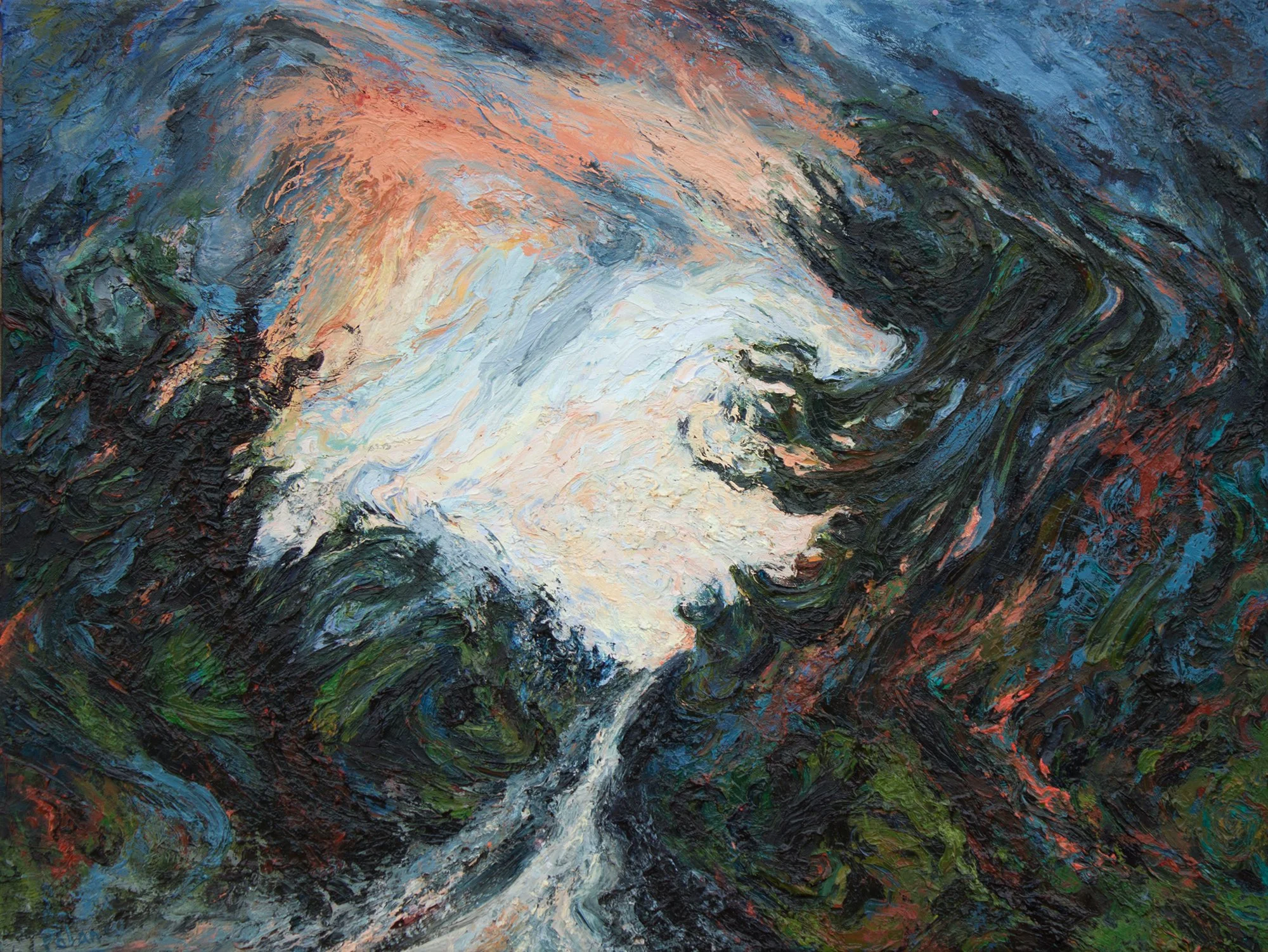 Morning, Columbia County, oil on canvas (finger painting) 2023, Joyce Polance