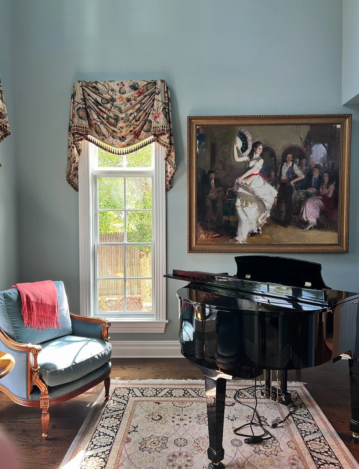 When we first stepped into this music room, it already had such charm &mdash; beautiful light, meaningful instruments, and a space full of life. We gave the space new energy while keeping its original warmth. We kept the clients&rsquo; curtains but p