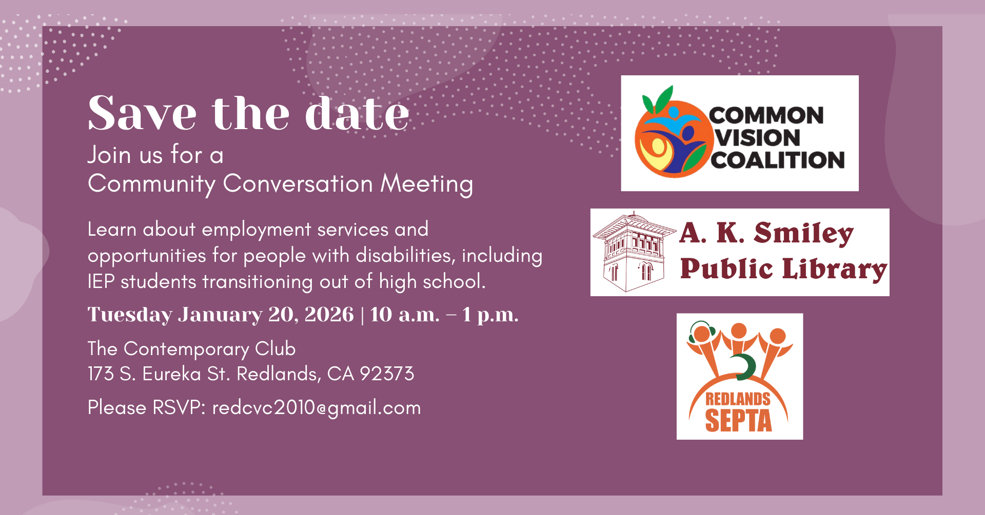 Community Conversation Meeting - learn about employment services and opportunities for communities with people with disabilities, including IEP students transitioning out of high school.