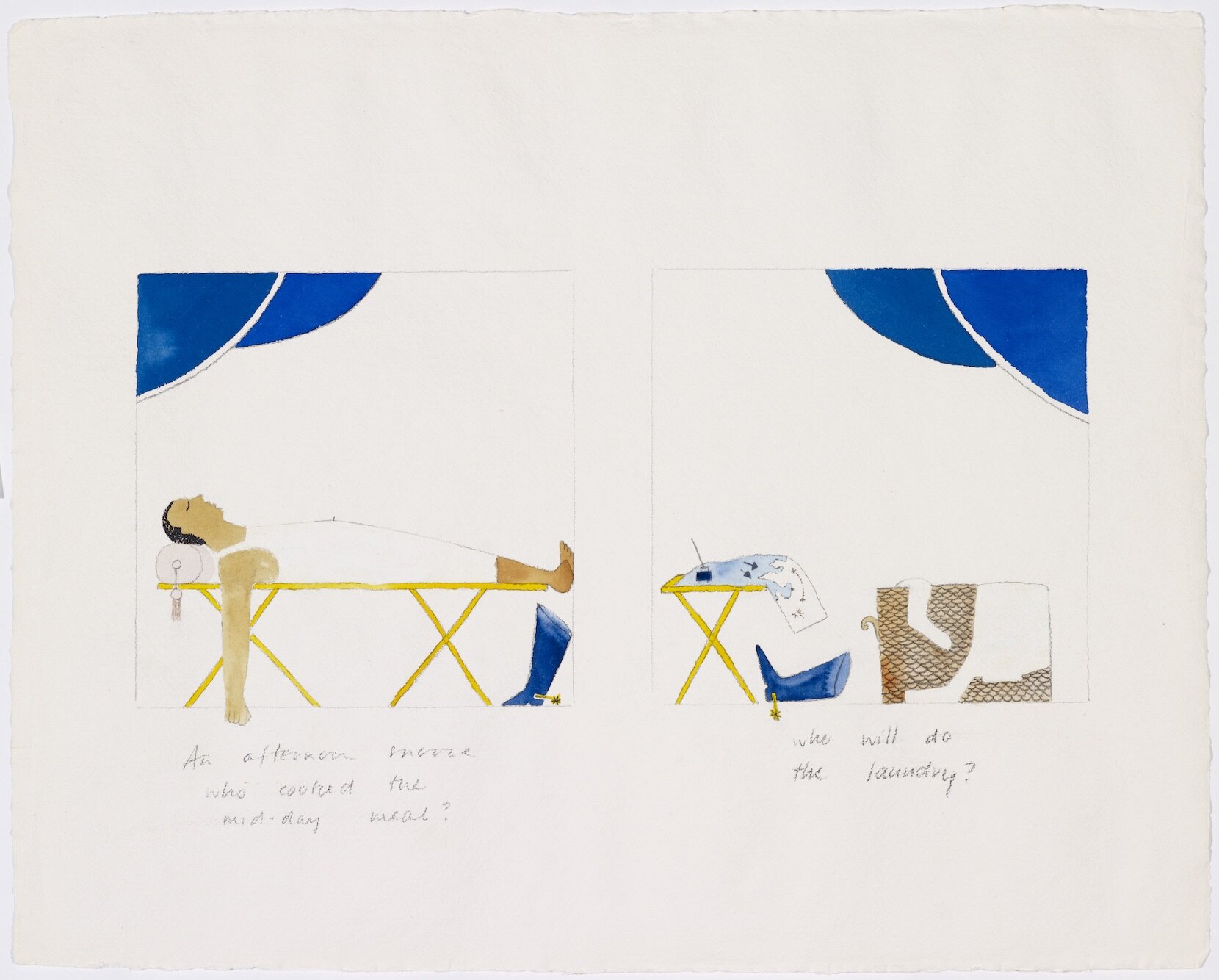 Lubaina Himid, Scenes from the Life of Toussaint L'Ouverture: 2 (1987), watercolour and pencil on paper, 39.5 x 50 cm. Arts Council Collection, Southbank Centre, London © Lubaina Himid.