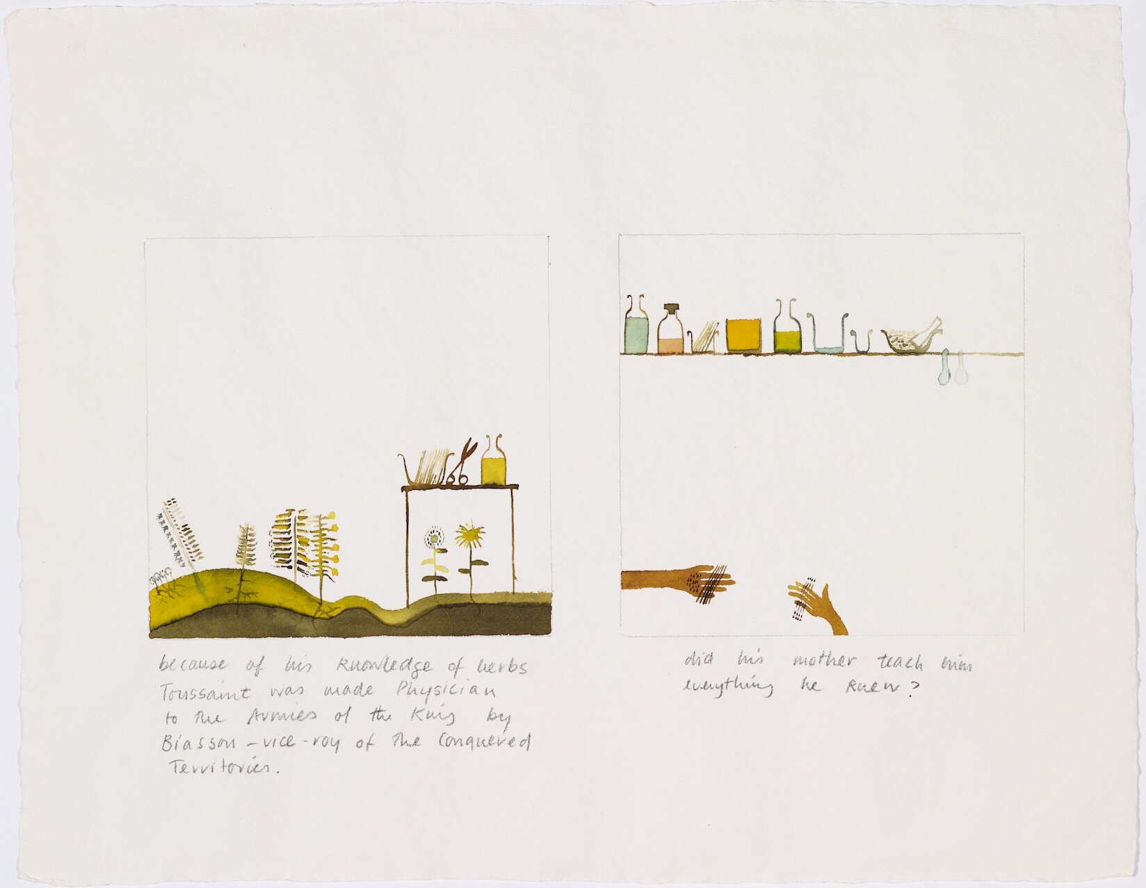 Lubaina Himid, Scenes from the Life of Toussaint L'Ouverture: 9 (1987), watercolour and pencil on paper, 39.5 x 50 cm. Arts Council Collection, Southbank Centre, London © Lubaina Himid.