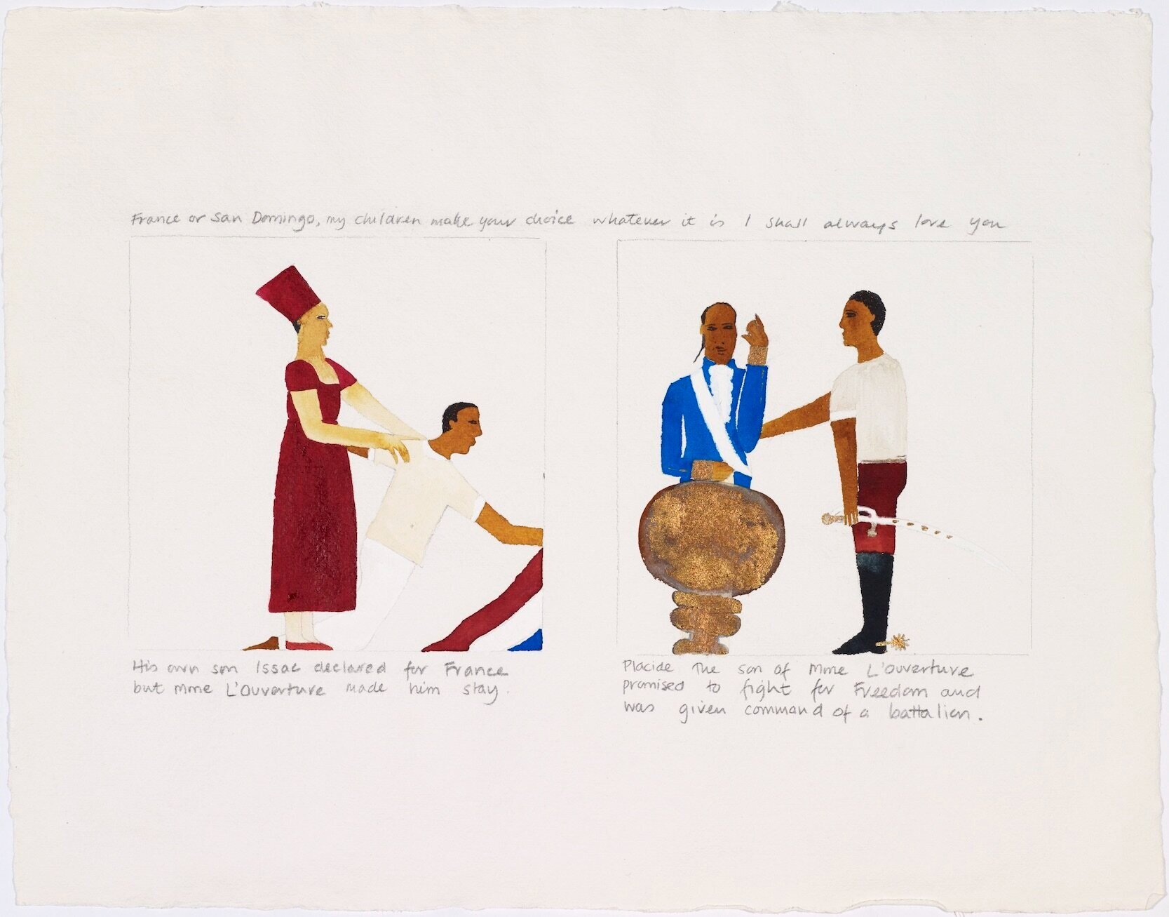 Lubaina Himid, Scenes from the Life of Toussaint L'Ouverture: 15 (1987), watercolour and pencil on paper, 39.5 x 50 cm. Arts Council Collection, Southbank Centre, London © Lubaina Himid.