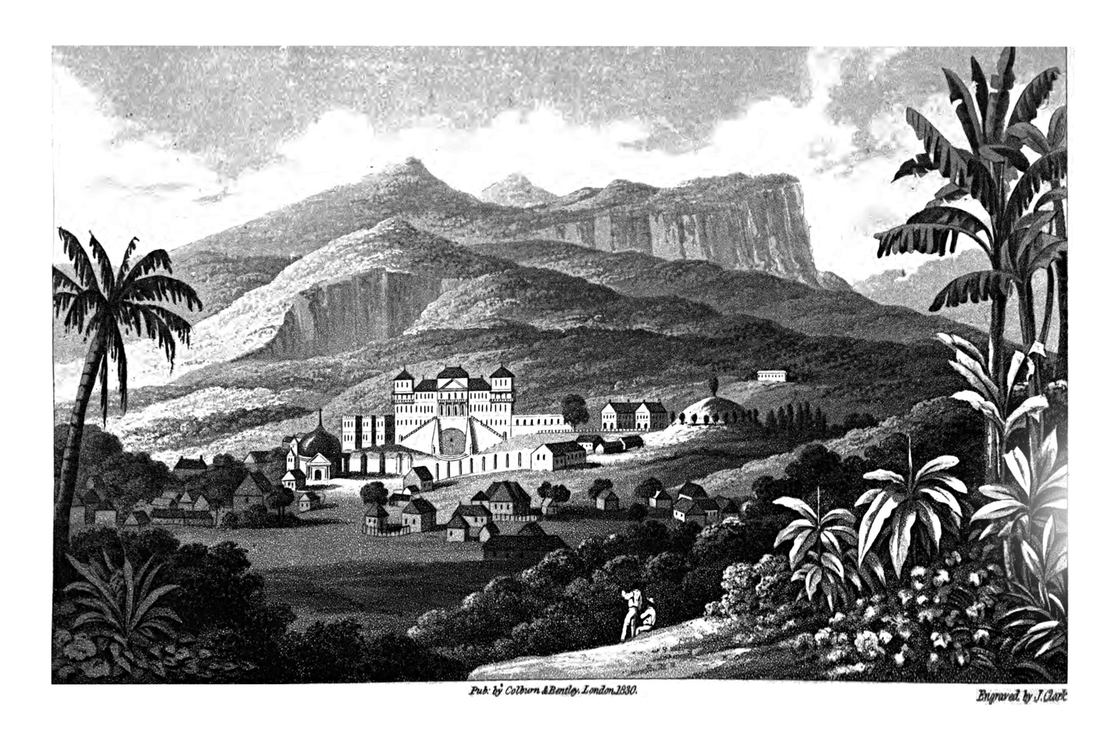 J. Clarke, engraving of Sans Souci Palace, from Charles Mackenzie, Notes on Haiti made during a residence in that republic, H. Colburn and R. Bentley (1830), Volume II.