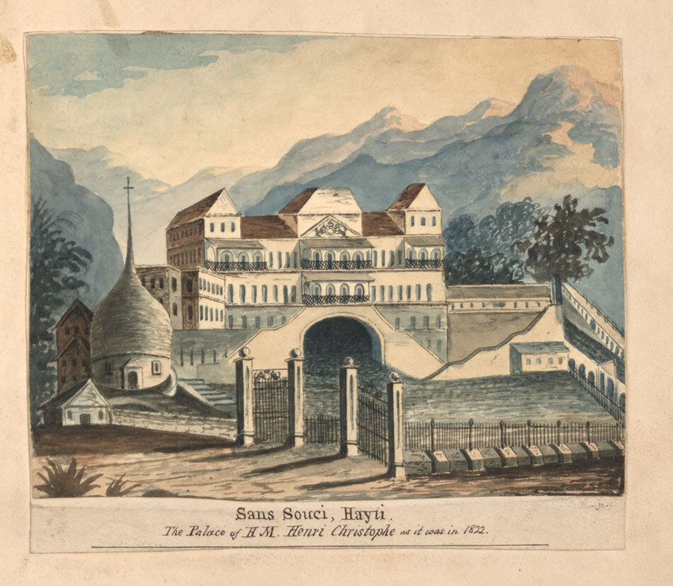 Coloured print of Sans Souci, the palace of Henry Christophe. From: Henri Christophe, King of Haiti. Copie de lettres [manuscript] 1805-6 [FCO Historical Collection FOL. F1924 HEN].