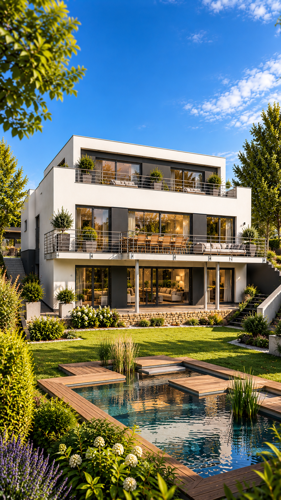 Moderne Luxusvilla mit Gartenteich.png