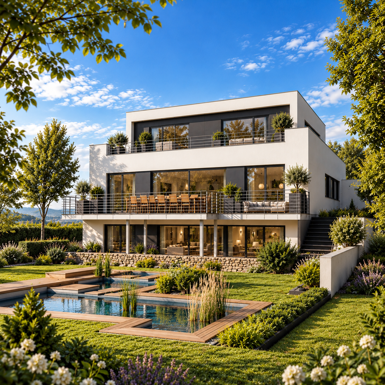 Moderne Villa mit Garten und Wasserfeature.png