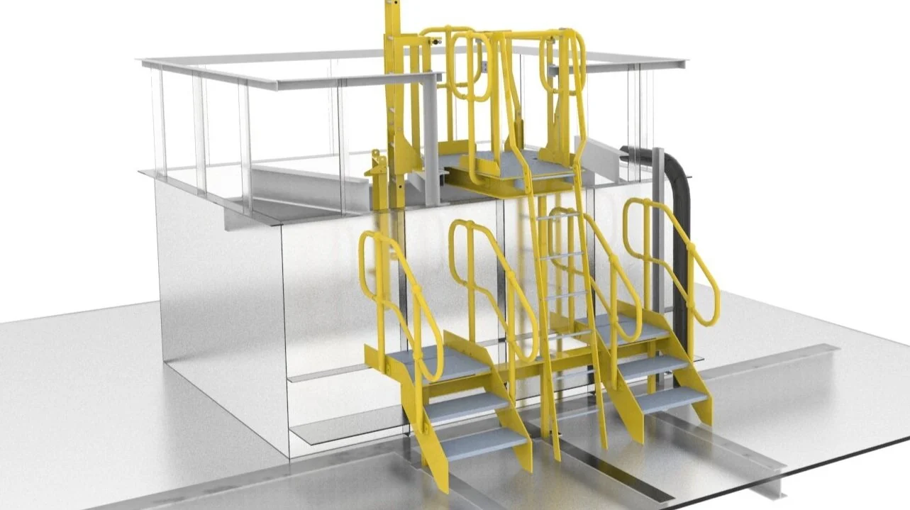 A platform with three yellow safety ladders and railings, installed on a grey base, with a surrounding transparent safety railing on the top level and a black pipe on the right side.