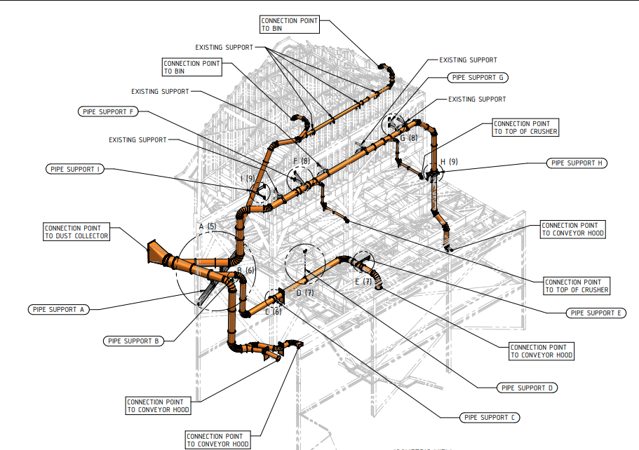 Technical schematic diagram of industrial piping system with labels for support points and connections to various equipment like crushers, conveyors, and dust collector.