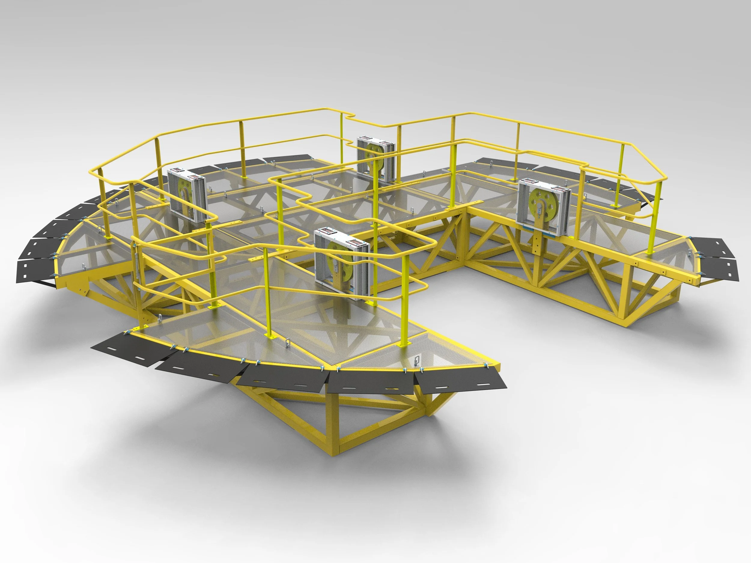 A yellow and black industrial platform with safety railings, featuring three electrical boxes, designed for construction or maintenance work.