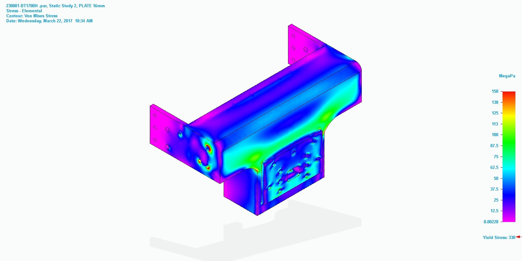 Color-coded finite element analysis FEA model of a structural component, showing stress distribution with a color scale from purple (low stress) to red (high stress).