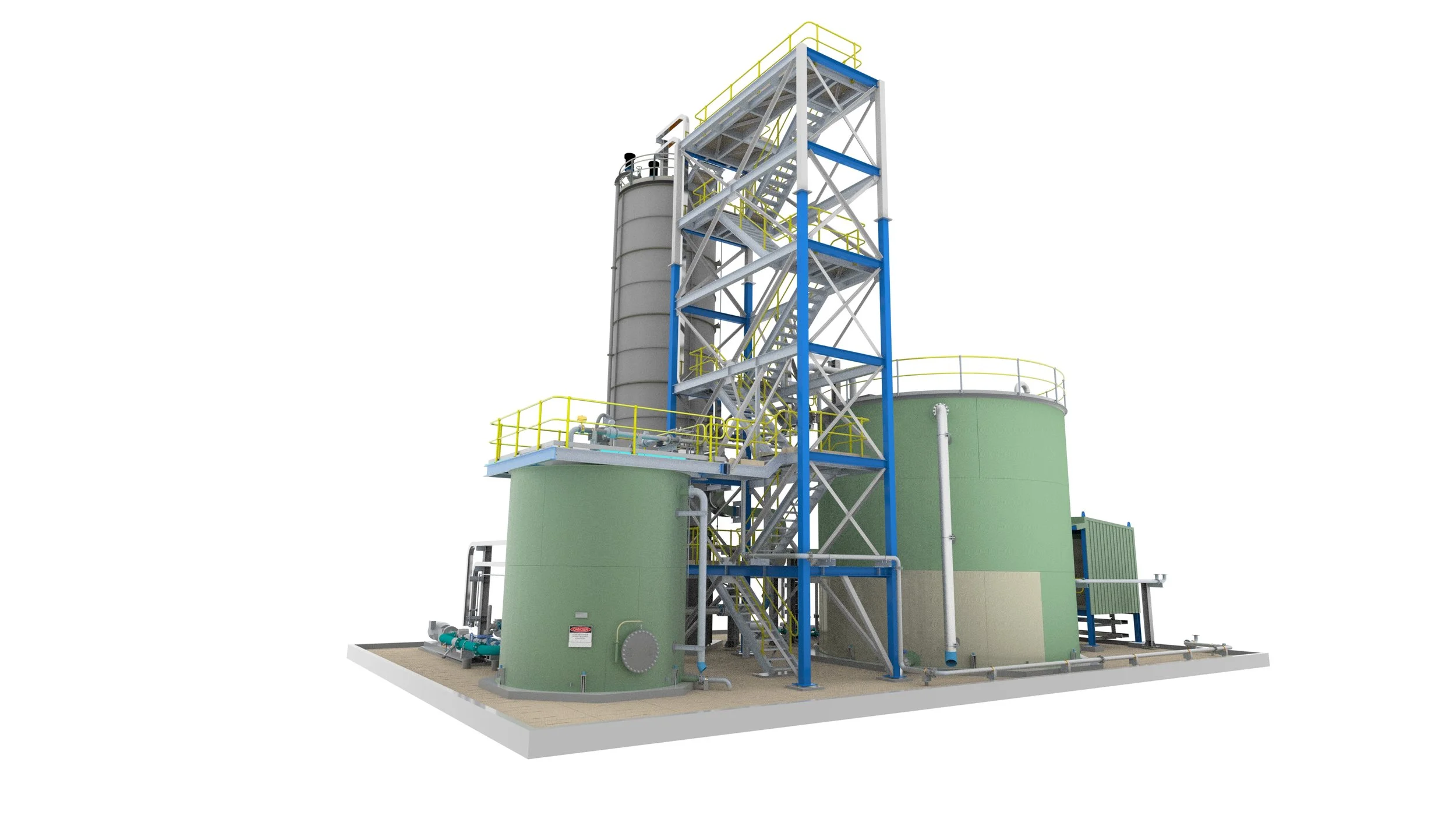 Industrial processing facility with green storage tanks, a tall metal structure with stairs, yellow railings, and pipes.