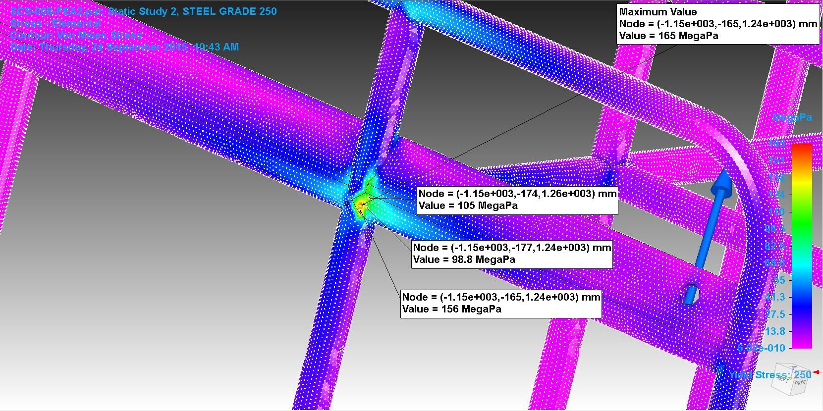 Finite element analysis of a steel structure showing stress distribution with nodes and stress values labeled. Color gradient ranges from blue to red indicating stress levels.