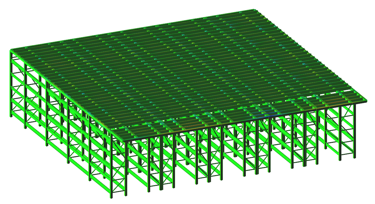 3D rendering of a steel building frame with green support beams and a black roof structure.