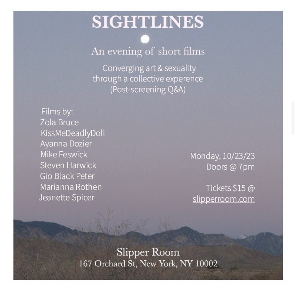 💗TONIGHT at @slipperroomny 🎥 A collection of films curated by KO fam @natashagornik. Doors open at 7, screening begins at 8. Tickets &gt;&gt; slipperroom.com

Featuring films by 
Zola Bruce @zolazakiya 
Kissmedeadlydoll @kissmedeadlydoll 
Ayanna Do