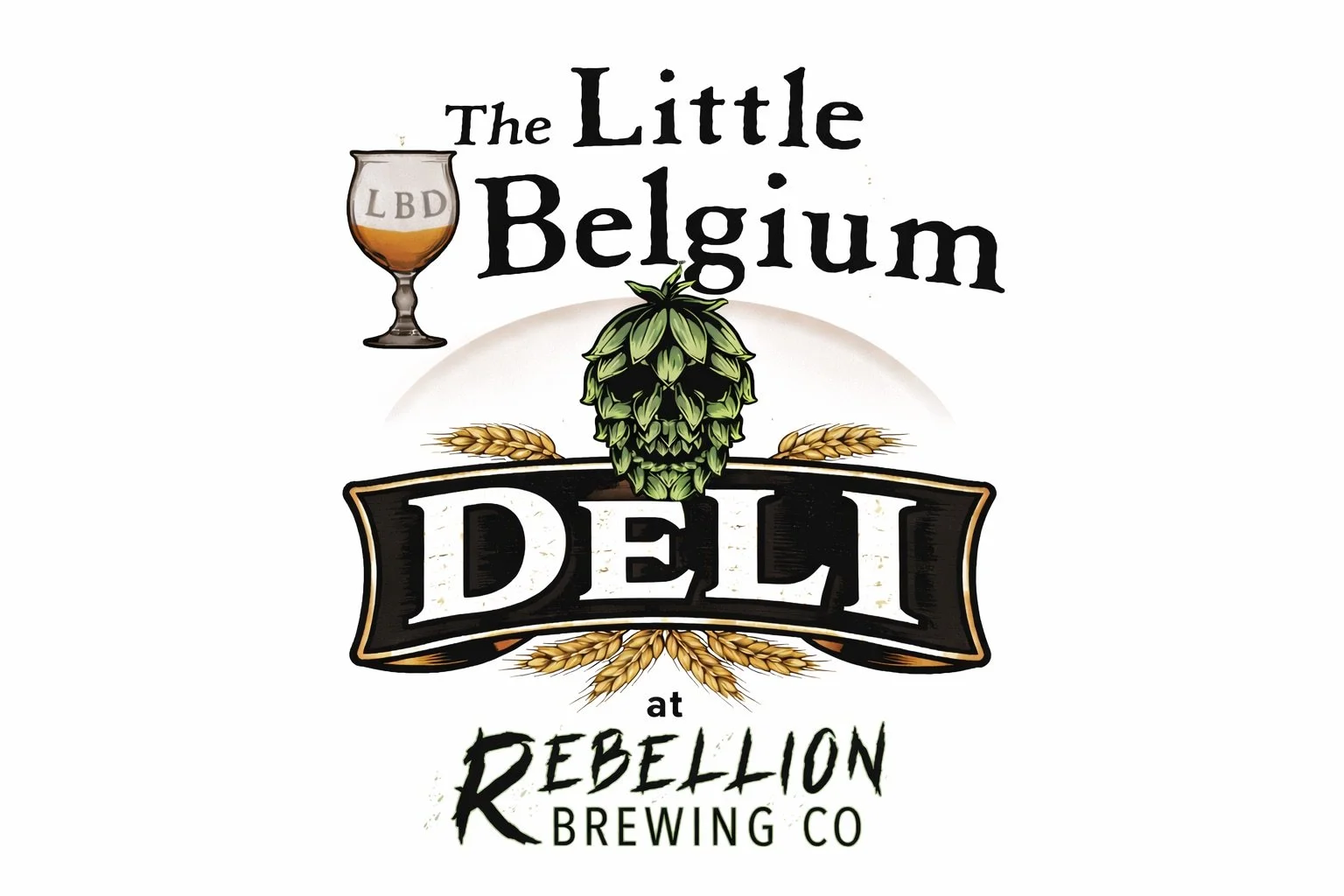 Logo for The Little Belgium Deli at Rebellion Brewing Co., featuring a beer glass with the words "LBD," a hop skull, wheat stalks, and stylized text.