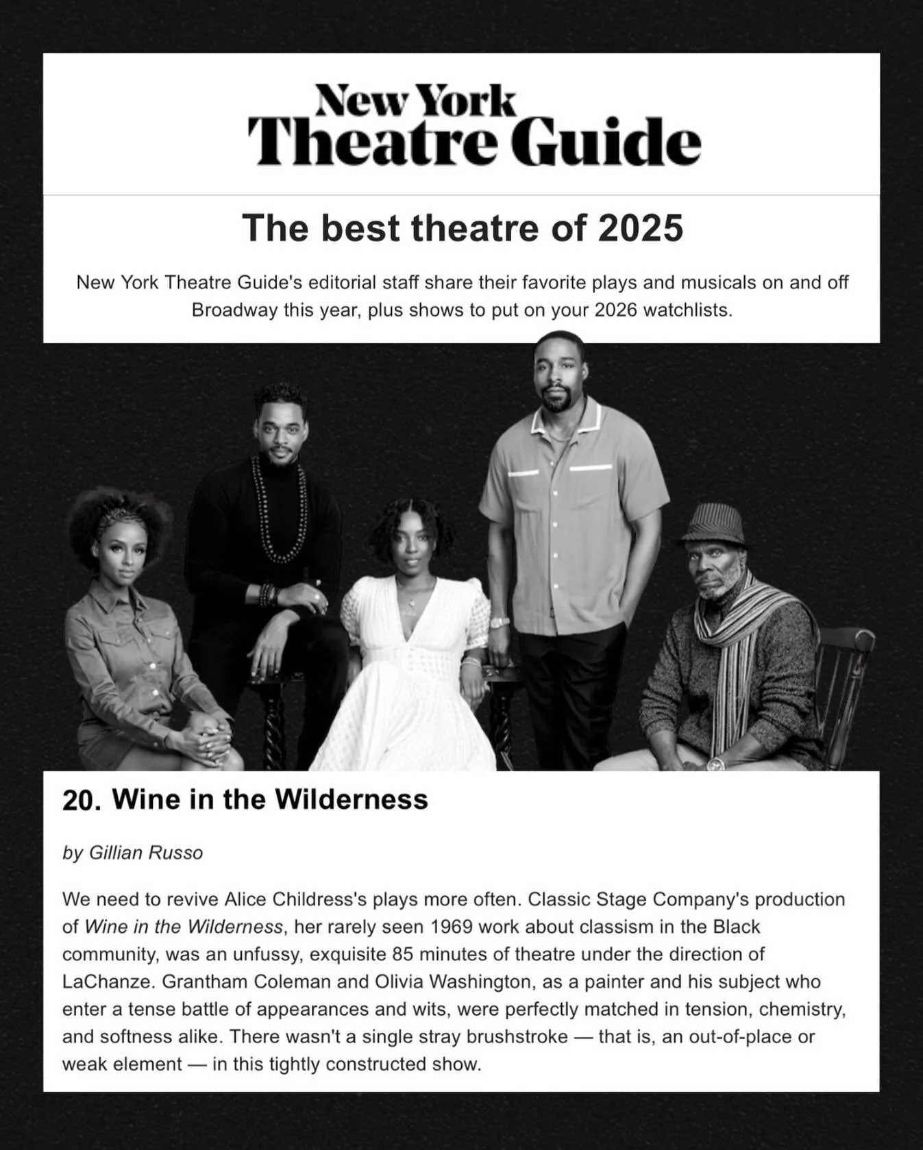 2025 RECAP, BEST OF:
New York Theatre Guide named WINE IN THE WILDERNESS one of the best theatre productions of 2025, praised for its precision, tension, and lack of a single stray brushstroke.

Directed by @mslachanze in her directorial debut, the p
