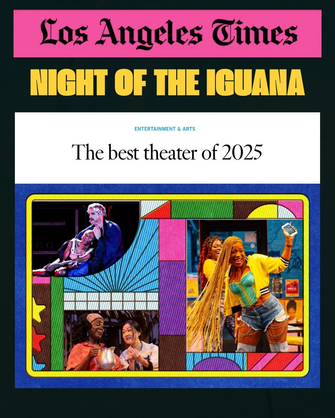 2025 RECAP, BEST OF:
The Los Angeles Times named THE NIGHT OF THE IGUANA one of the best L.A. productions of the year. Jessica Kubzansky&rsquo;s (@kubzansky) revival for @bostoncourtpasadena was singled out not only for its direction, but for the str
