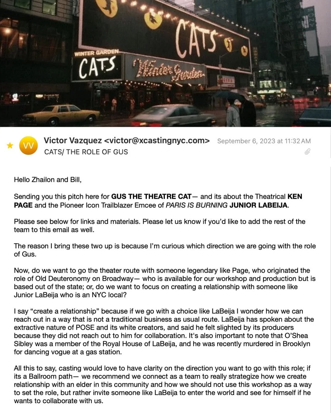 From the &lsquo;Cats: Jellicle Ball&rsquo; archive: Finding Gus

September 2023, Our first conversations around casting Gus The Theatre Cat. We were looking at two very different lineages for the role, one rooted in Broadway history through Ken Page,