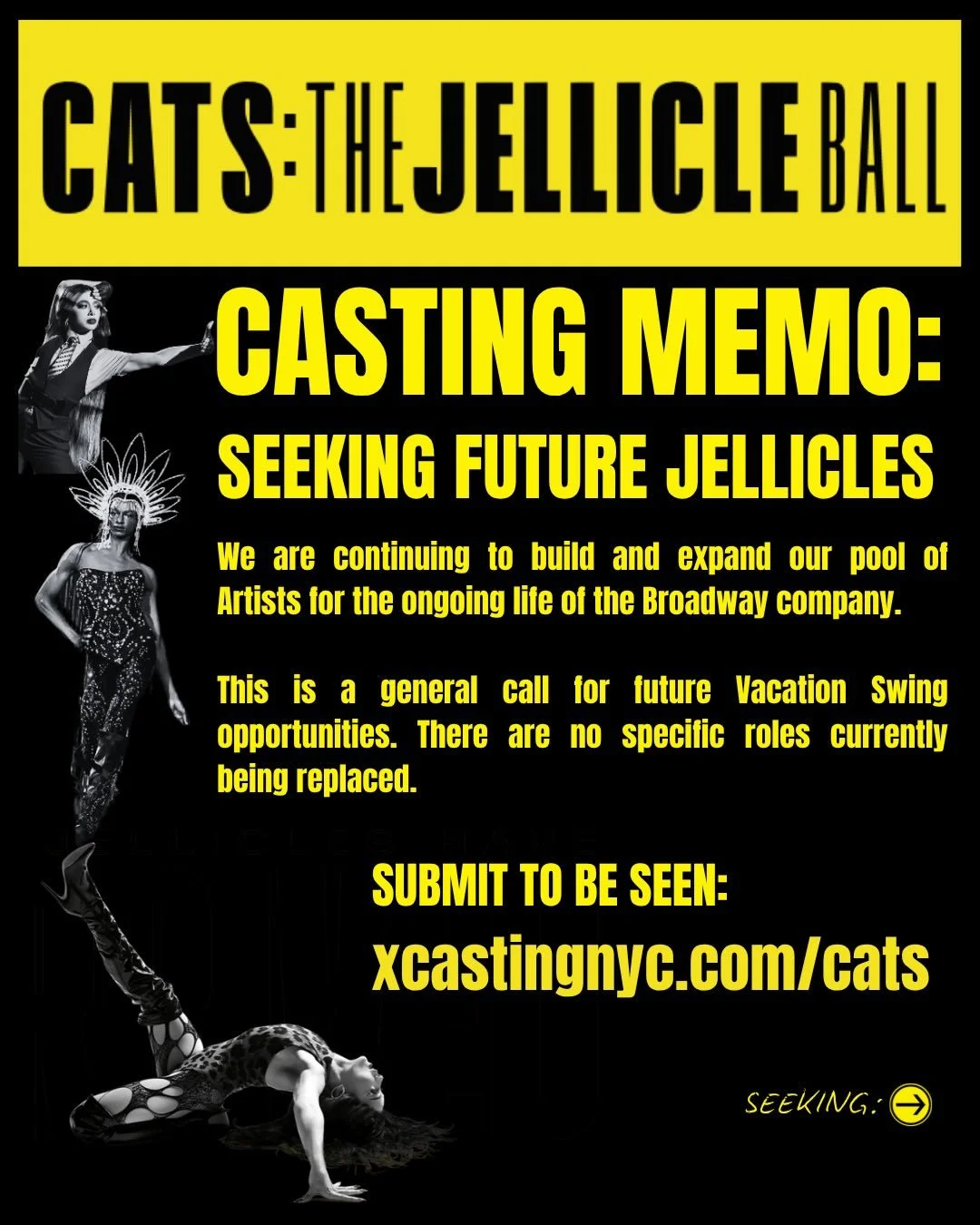The Broadway company of CATS: THE JELLICLE BALL is seeking future Jellicles. 🐱

As the life of the production continues, we are expanding our pool of Artists for future Vacation Swing opportunities within the company. We are currently interested in 