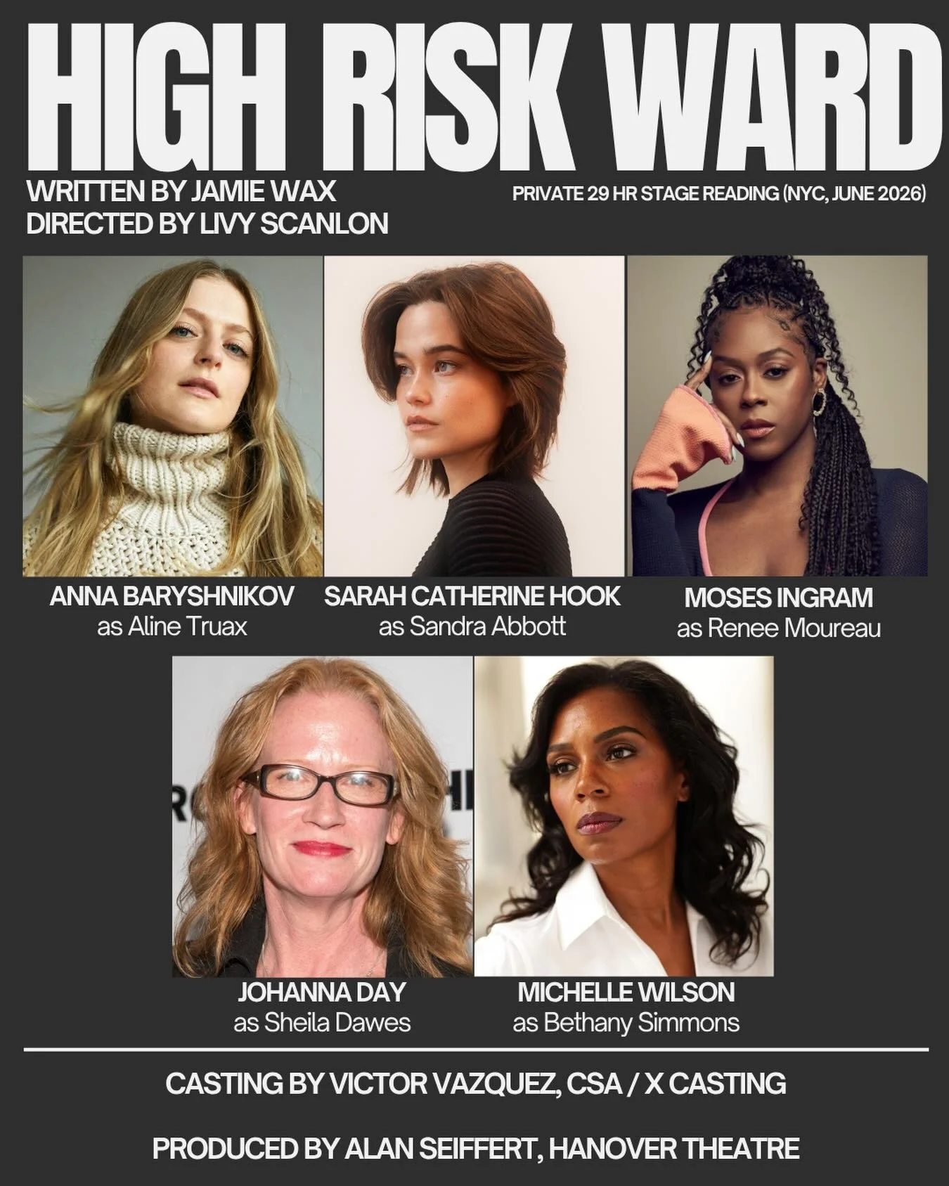 HIGH RISK WARD by Jamie Wax
Directed by Livy Scanlon

Featuring Sarah Catherine Hook, Moses Ingram, Anna Baryshnikov, and Tony winners Michelle Wilson and Johanna Day.

Hearing this new play out loud today was exceptional during a private 29 HR Readi