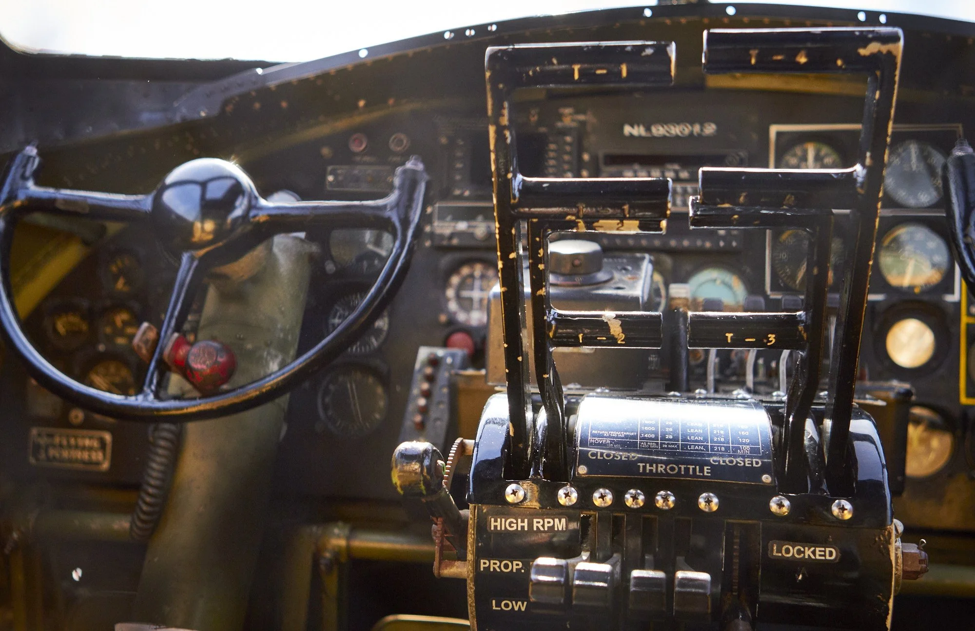 B17G cockpit detail, aviation photography, "Nine-O-Nine" Carlsbad, California