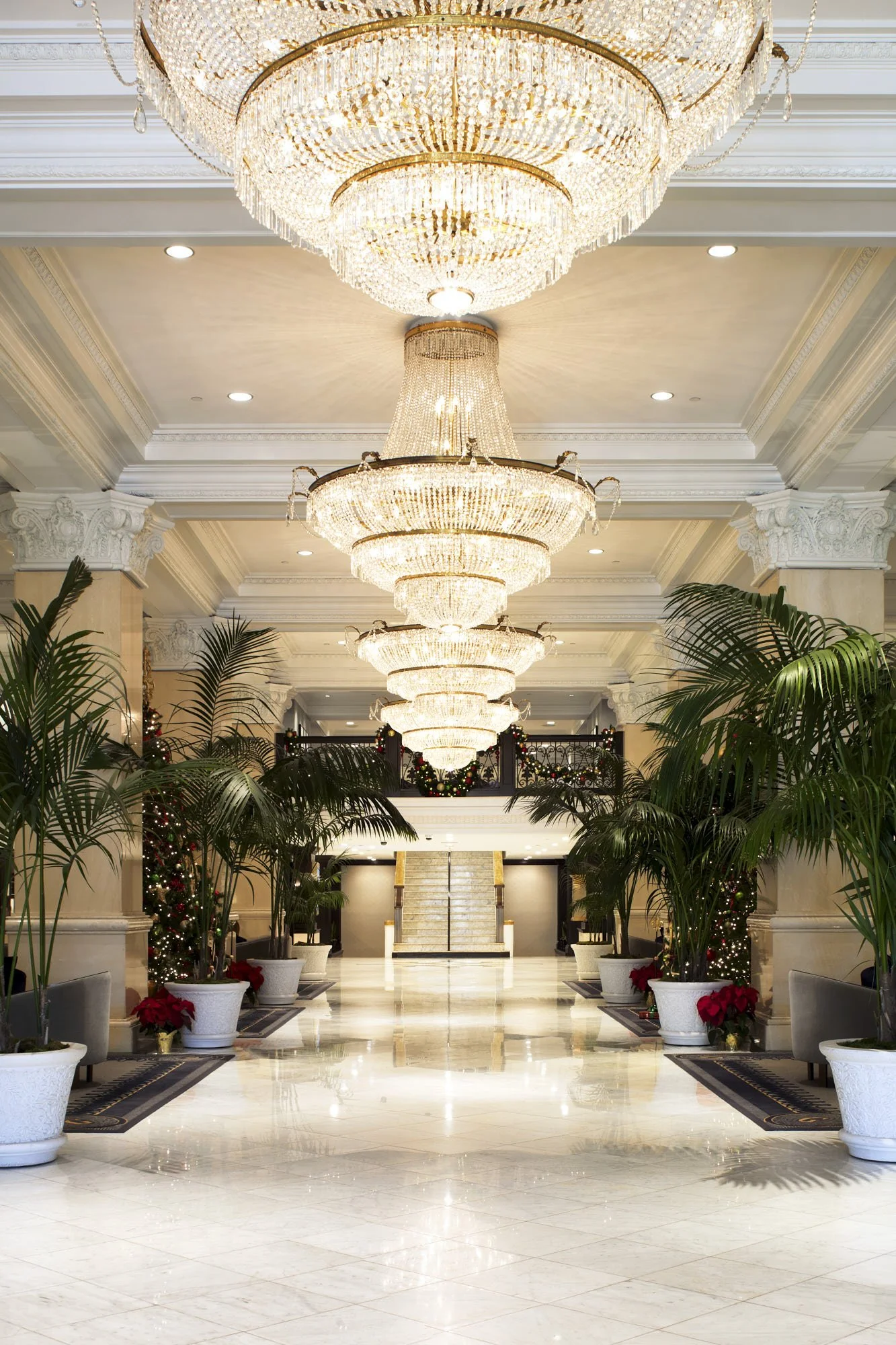 Chandeliers in the lobby of the US Grant Hotel in San Diego