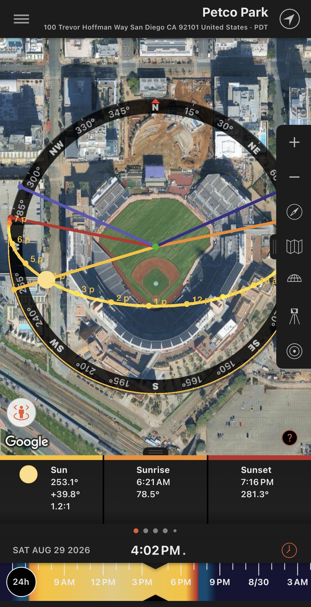 a screenshot of the Sun Surveyor app showing Petco Park