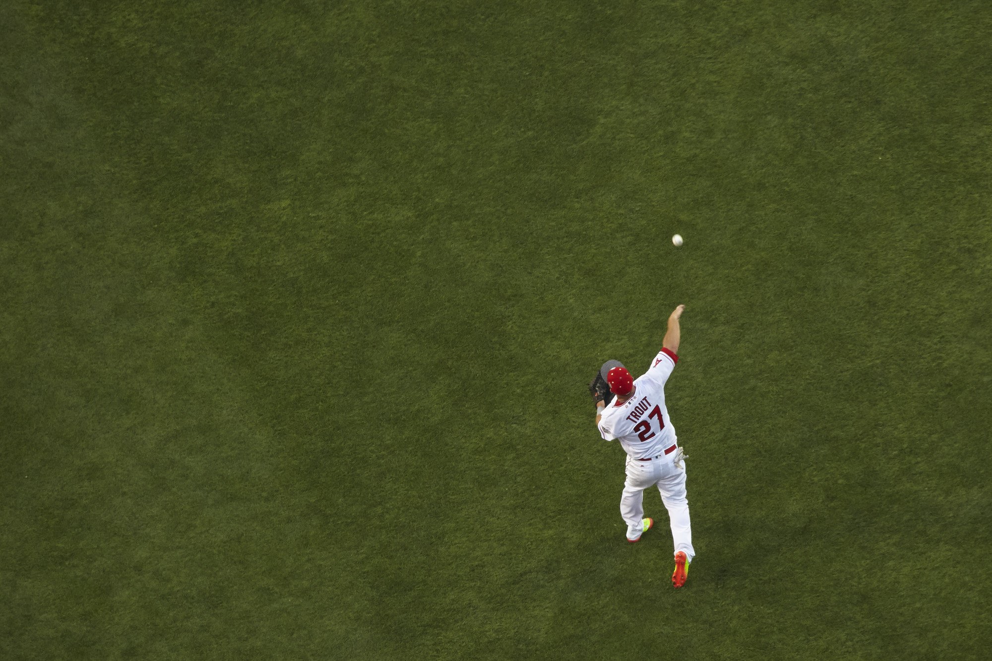Los Angeles Angels outfielder Mike Trout throws a ball from centerfield during the 2016 All-Star Game at Petco Park, San Diego