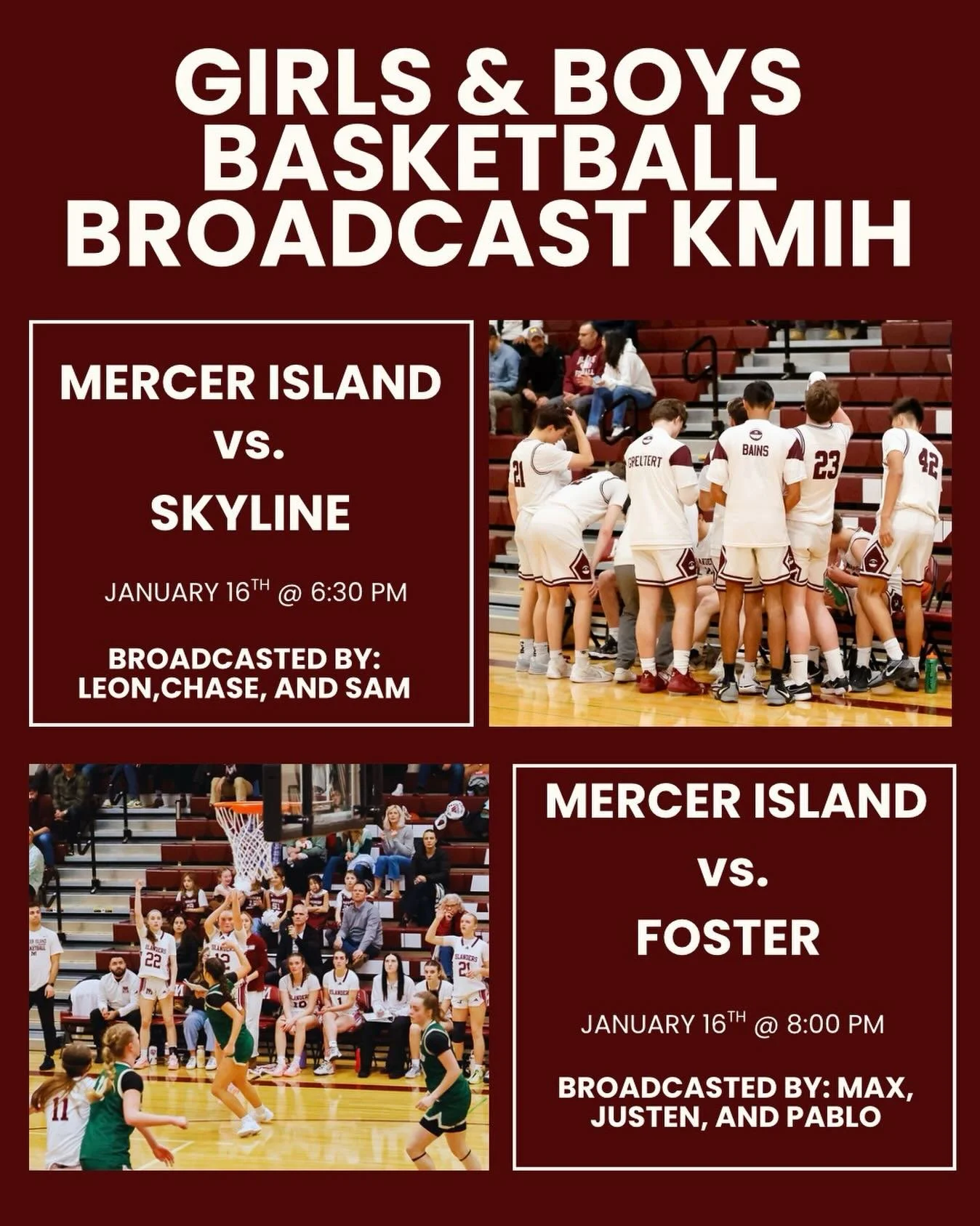 Tune into KMIH tonight for Quad Night here at MIHS! The girls basketball broadcast starts at 6:30 and the boys basketball broadcast starts at 8:00. You will not want to miss it! 🏀🎙️ #mihs #kmih #889thebridge #mihsbasketball #mercerisland