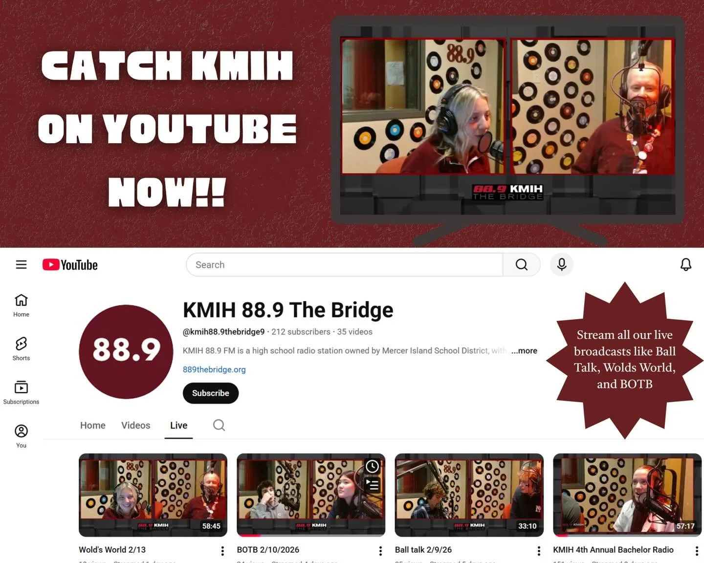 KMIH is officially live on YouTube! 🎥 KMIH now streams all live broadcasts with cameras, and if you miss them, they&rsquo;re saved under our Live tab. Subscribe to 889thebridge or use the link in our bio to find our account. Check out our latest liv