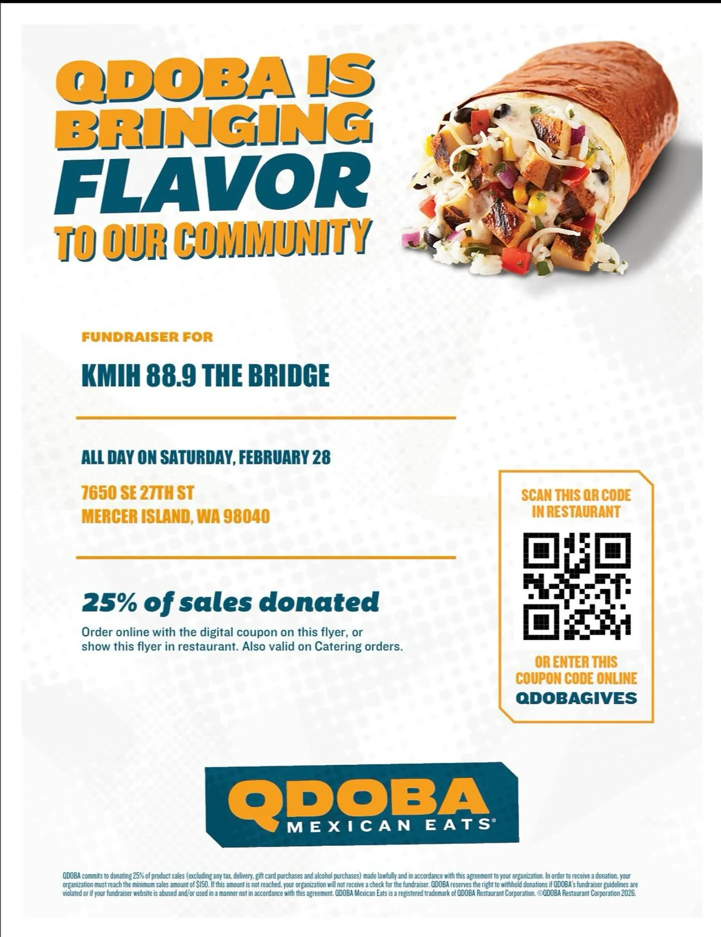 Grab some Q&rsquo;doba and support KMIH! 🌯🎉 We&rsquo;re capping off February Fundraising with a Q&rsquo;doba funraiser to support 88.9 The Bridge! Stop by anytime on Friday, February 27th at the Mercer Island location for good food, good company, a