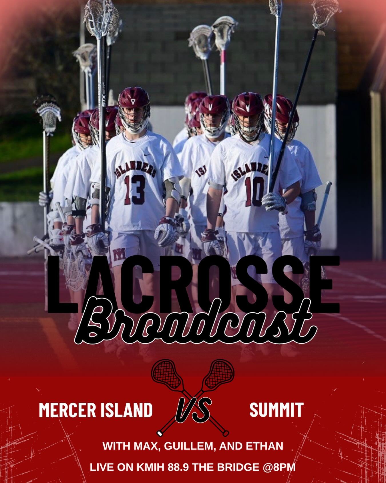 Tune in to KMIH tonight at 8 for a great boys lacrosse broadcast! Max, Guillem, and Ethan will be on the mics for the Islanders as they take on Summit! You can hear all the action LIVE on 88.9 The Bridge 🎧🥍 #sportsbroadcasting #lacrosseteam #broadc