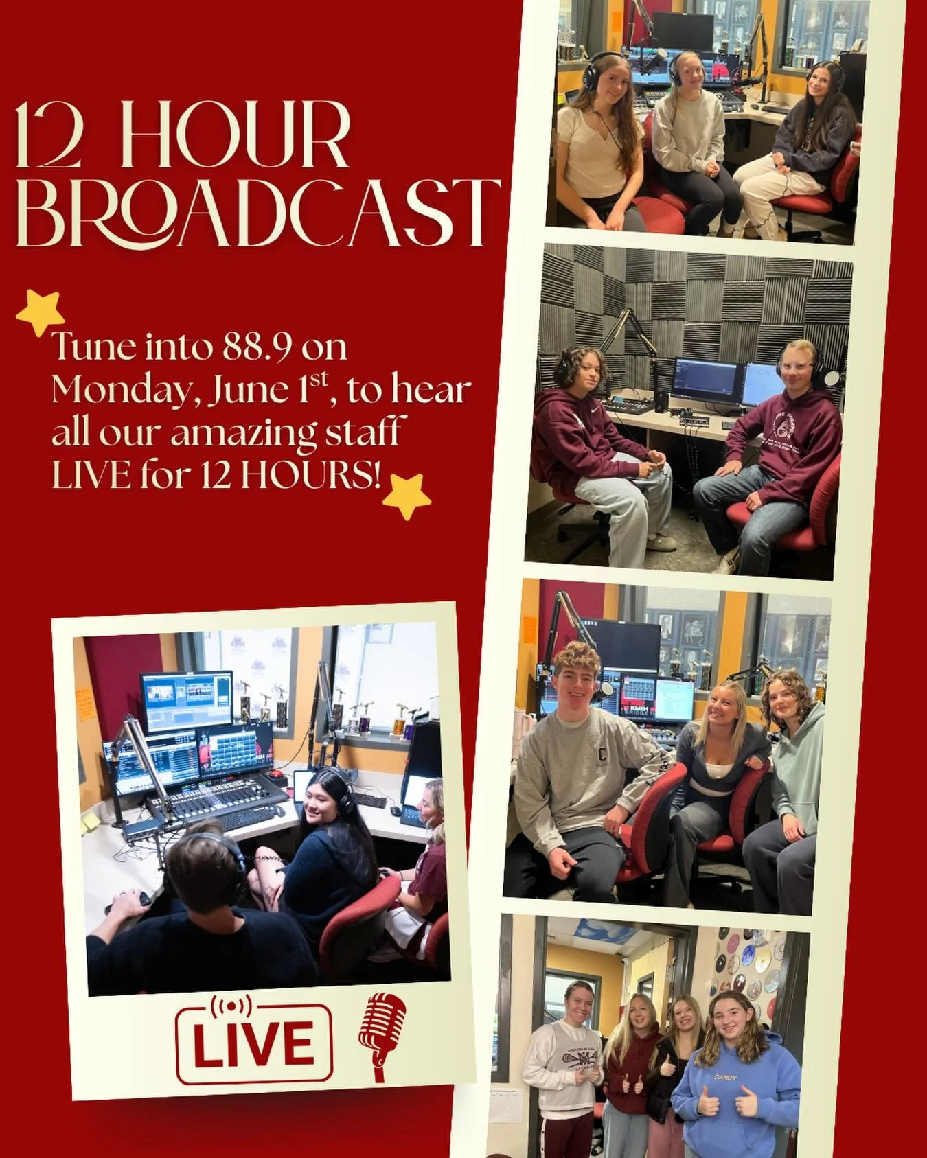 We&rsquo;re going LIVE day long! Join us tomorrow for our annual 12-Hour Broadcast as KMIH brings you music, interviews, countless conversations, and more. Tune into 88.9 all day to be part of the fun! 📻✨ #889thebridge #studentradio #liveradio #12ho