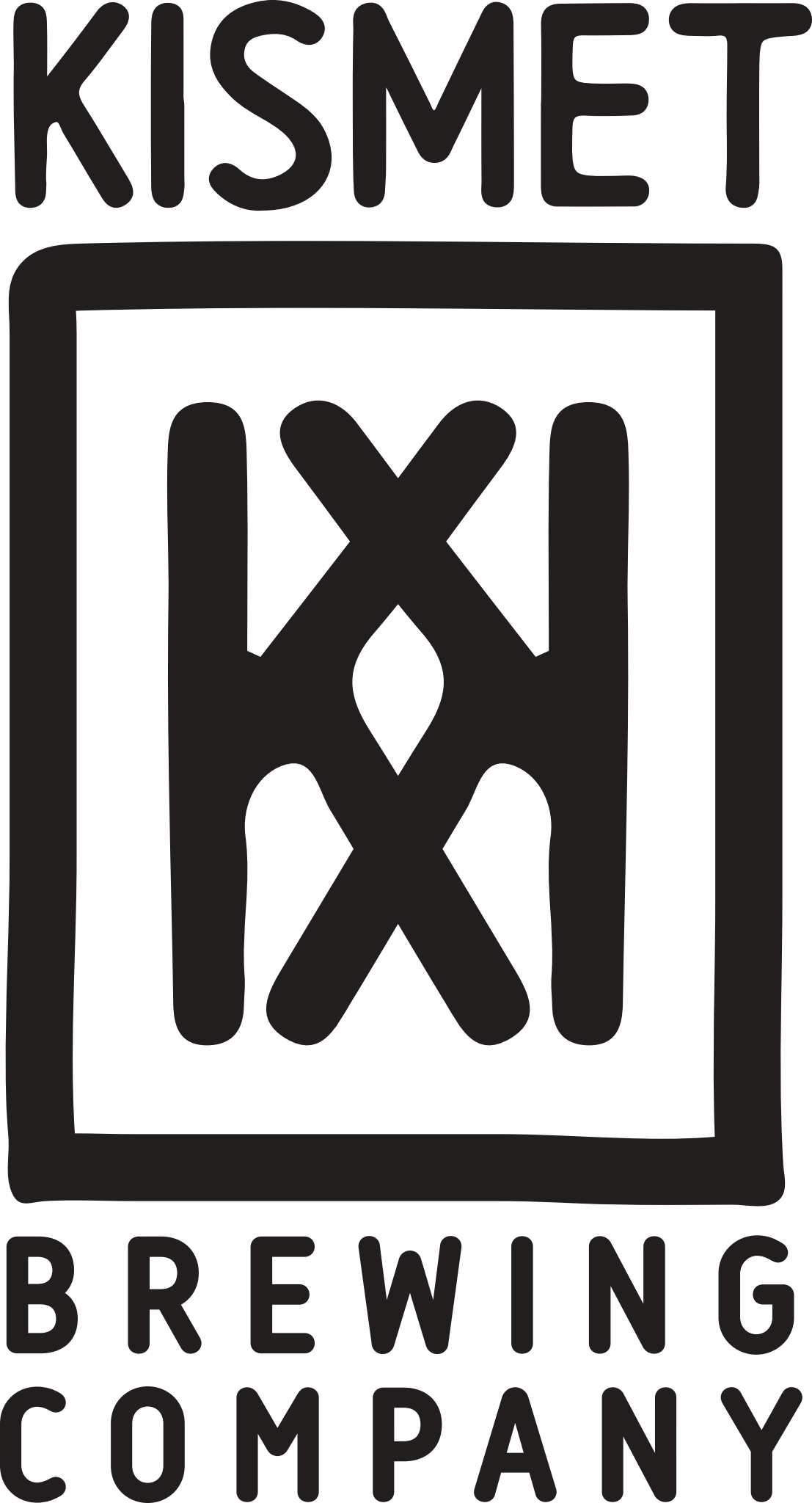 Kismet Brewing Company logo in black and white, featuring bold lettering and a stylized abstract icon.
