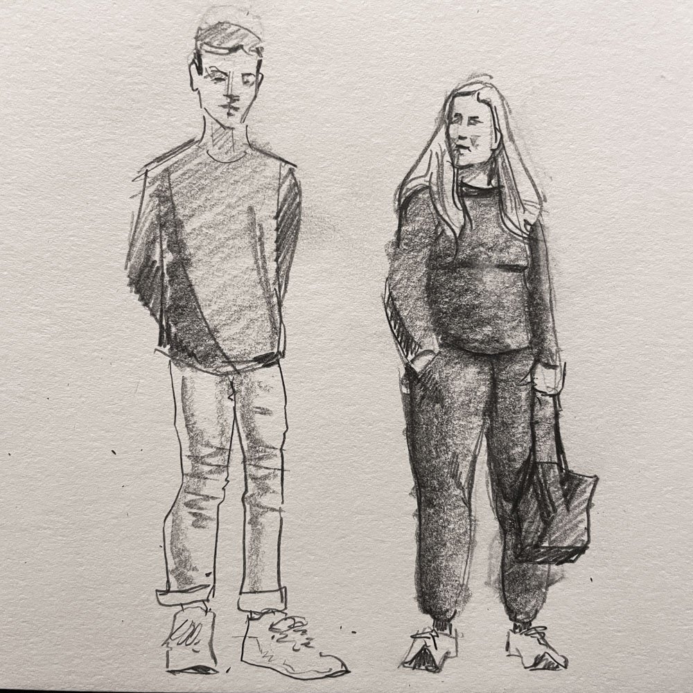Pencil sketch of a young man and his mother waiting to cross a road. © Simon O'Carrigan from one of his sketchbooks.