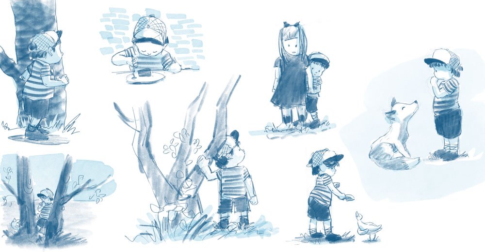 Early rough character design concepts sketched with digital colour pencil and watercolour. © Simon O'Carrigan, 2022.