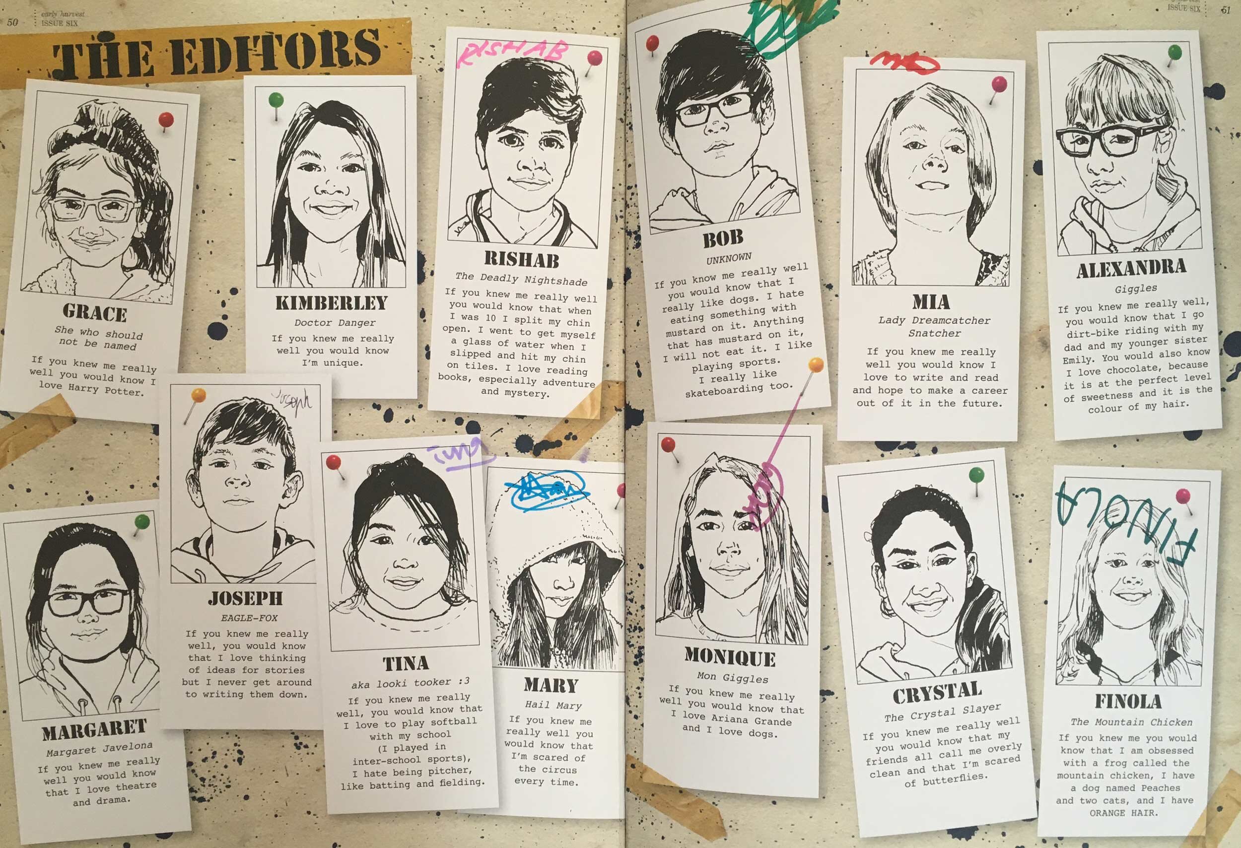 Double page spread of editor portraits.  (Illustrated by Simon O’Carrigan and featuring signatures of some of the editors!)   Collaborators:  ﻿Design by  Regine Abos  | Production by  Jessica Tran