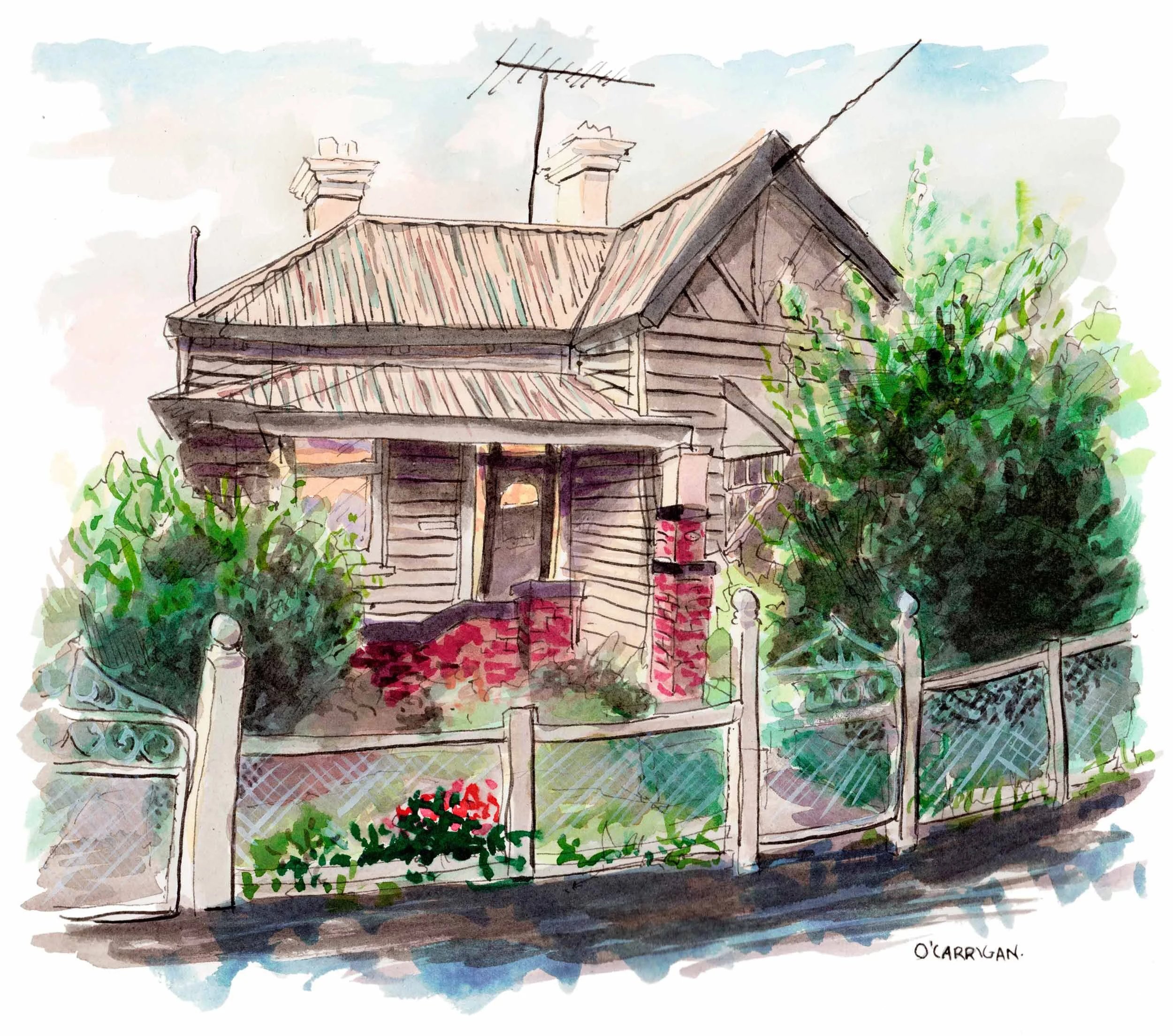 Fairfield House. A private artwork commission completed in ink and watercolour by Simon O'Carrigan.